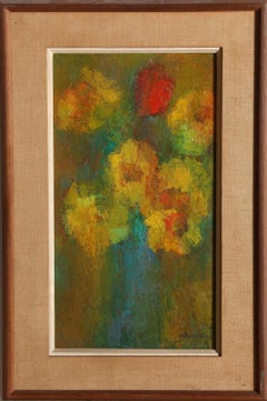 Fleurs jaunes dans un vase bleu, peinture à l'huile de l'artiste féminine Miriam Bromberg