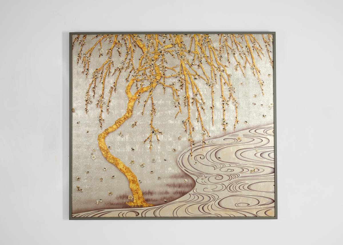 An homage to one the masterpieces of the Edo period, a screen by Ogata Kōrin, this work in Verre Eglomisé depicts a cherry blossom tree sitting alongside a stylized river, its blossoms foretelling spring renewal and new beginnings. The pink petals