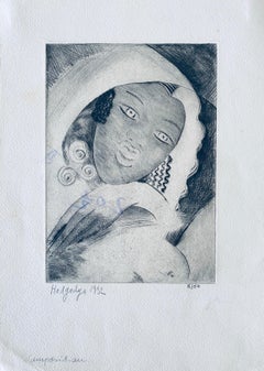 Lithographie d'une artiste russe israélienne ancienne avec une femme Bezalel