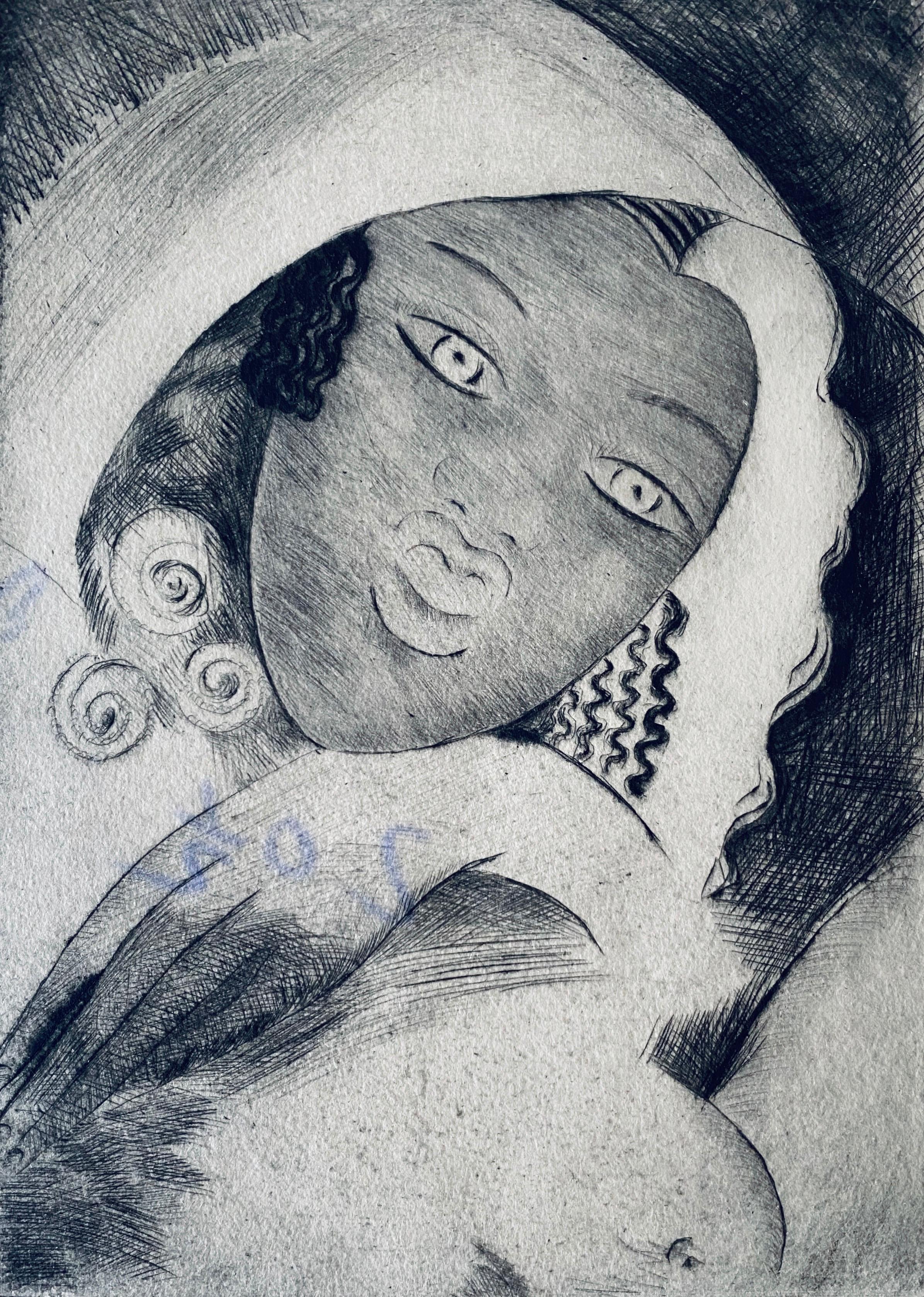 Lithographie d'artiste russe israélienne avec une femme Bezalel - Moderne Print par Miriam Hadgadya