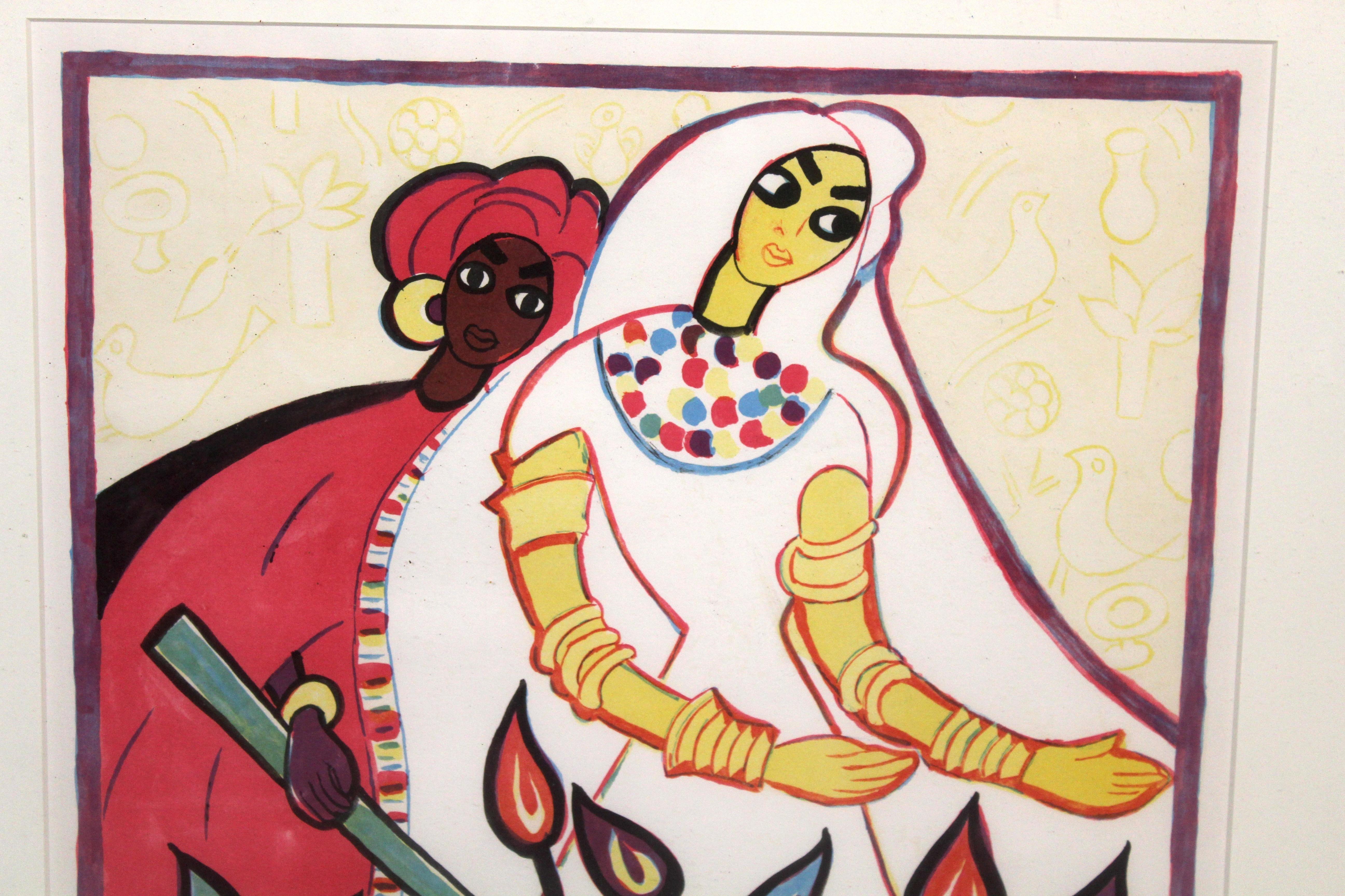 Dieses unbetitelte Kunstwerk zeigt zwei Frauen über einem schlafenden Baby. Die Lithografie ist von der 1895 geborenen israelischen Künstlerin Miriam Hadgadya signiert und nummeriert. 
Bitte bestätigen Sie den Standort NY oder NJ