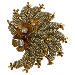 Miriam Haskell 1940s Large Spiral Seed Pearl & Rhinestone Floral Brooch