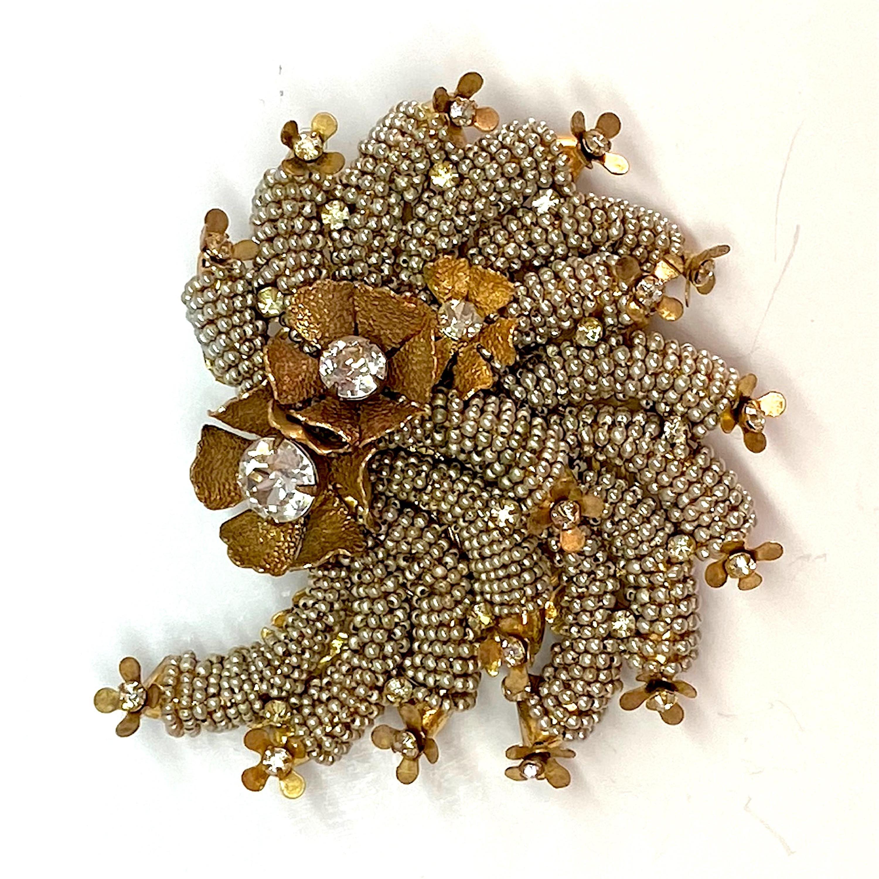 Round Cut Miriam Haskell 1940s Large Spiral Seed Pearl & Rhinestone Floral Brooch