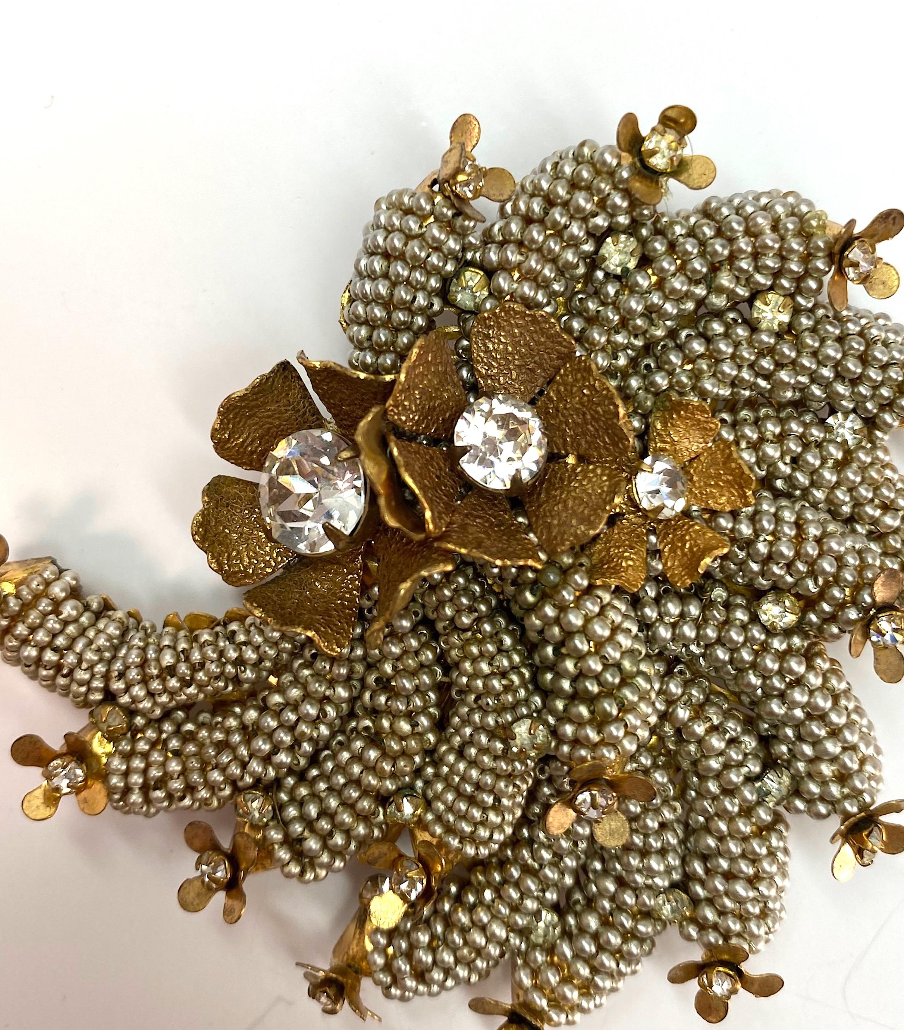 Women's or Men's Miriam Haskell 1940s Large Spiral Seed Pearl & Rhinestone Floral Brooch