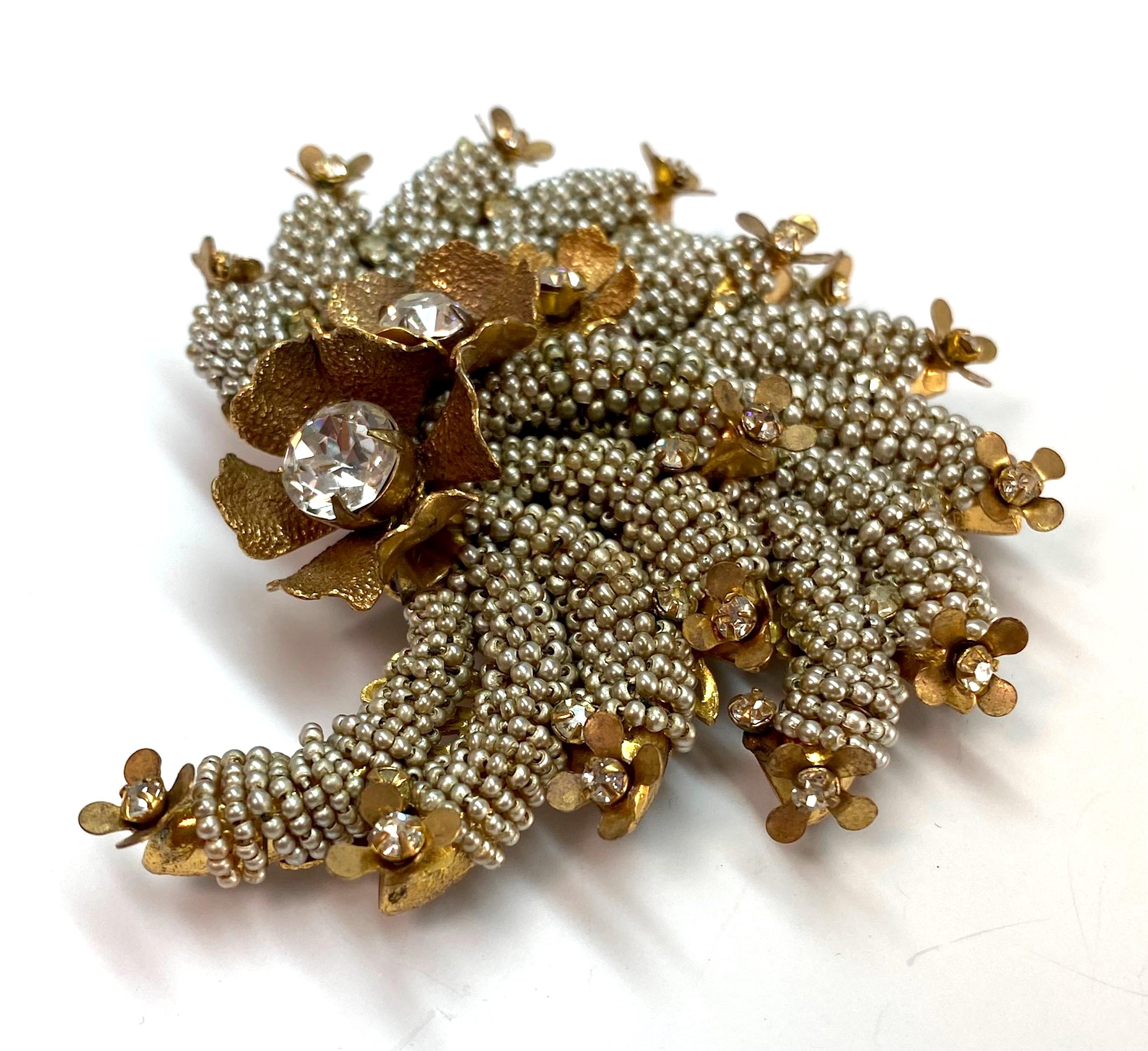 Miriam Haskell 1940s Large Spiral Seed Pearl & Rhinestone Floral Brooch 1