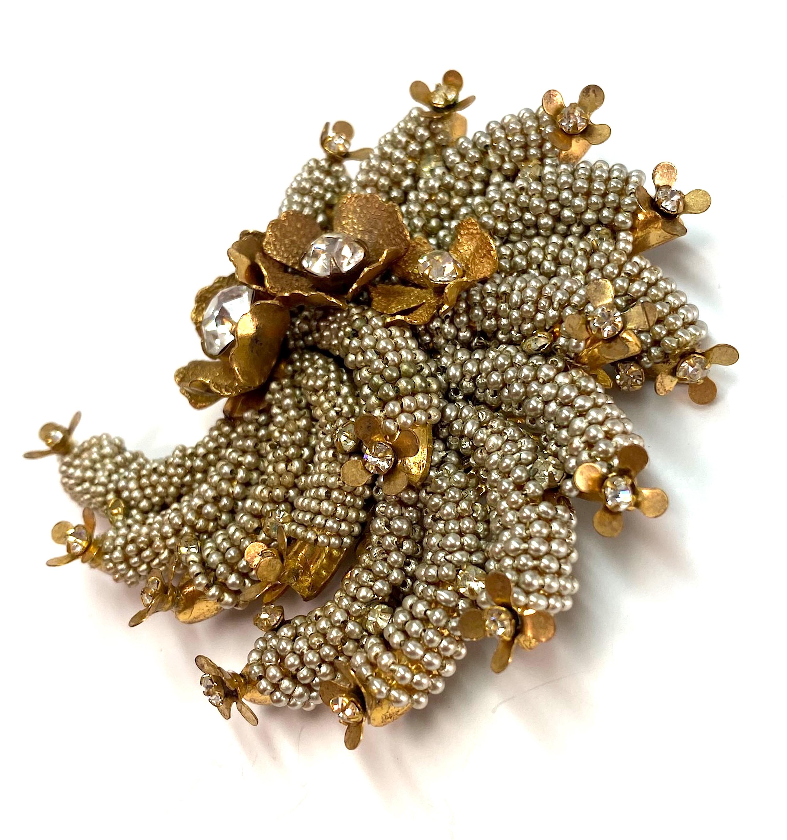 Miriam Haskell 1940s Large Spiral Seed Pearl & Rhinestone Floral Brooch 2