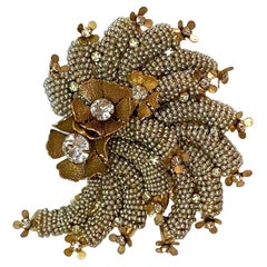 Miriam Haskell 1940s Large Spiral Seed Pearl & Rhinestone Floral Brooch