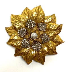 Miriam Haskell 1950s Large Gold & Crystal Flower Brooch