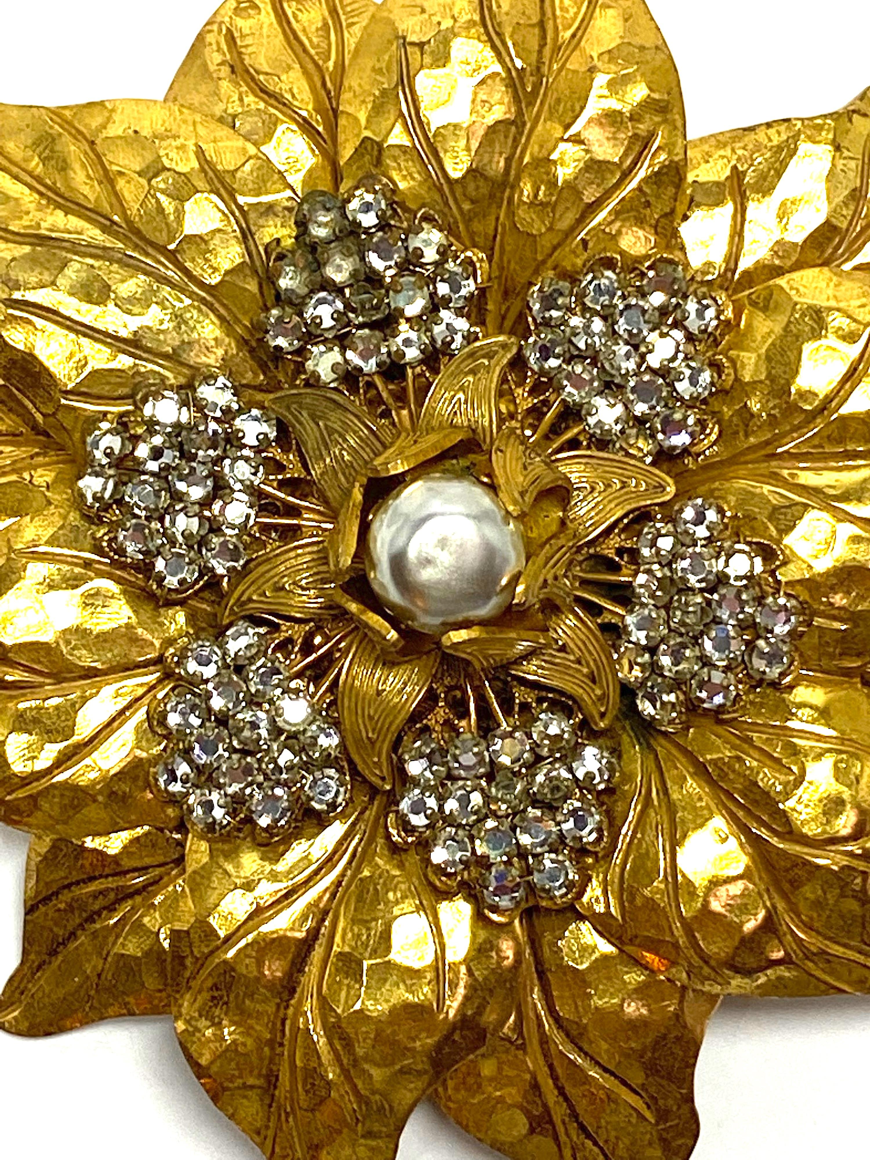 Brilliant Cut Miriam Haskell 1950s Large Gold & Crystal Flower Brooch