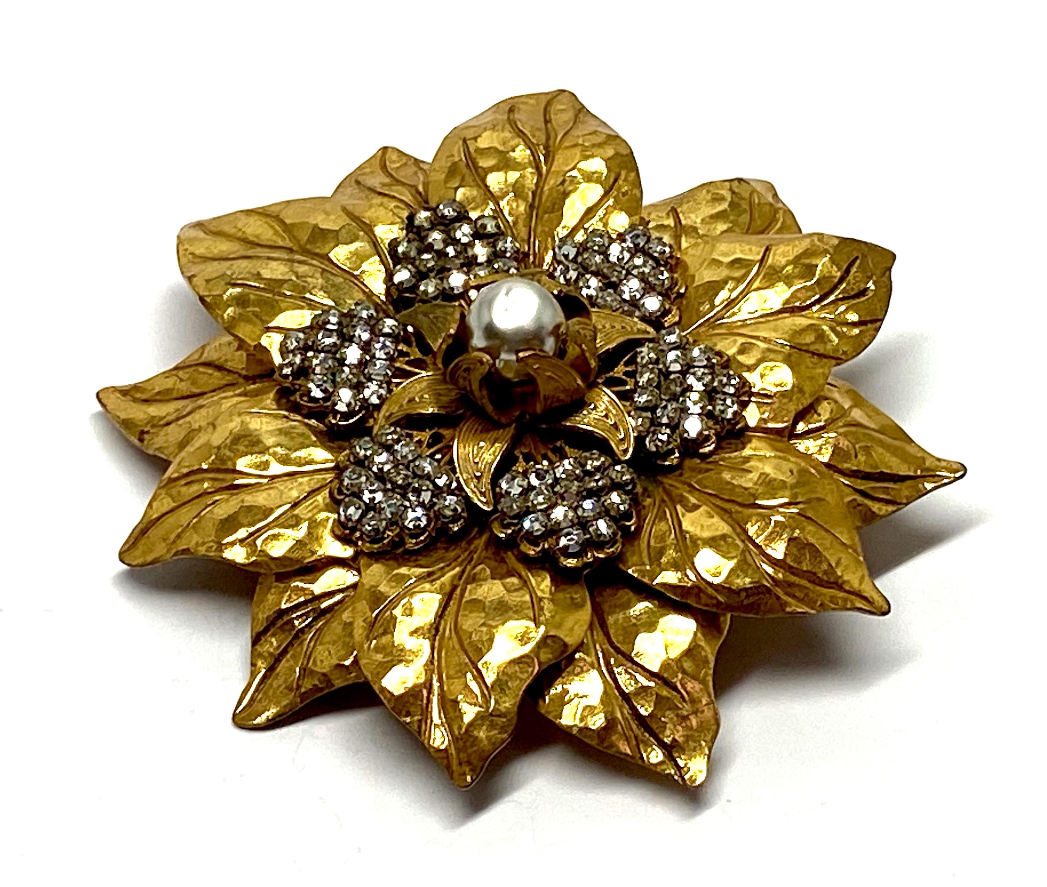Miriam Haskell 1950s Large Gold & Crystal Flower Brooch In Good Condition In New York, NY