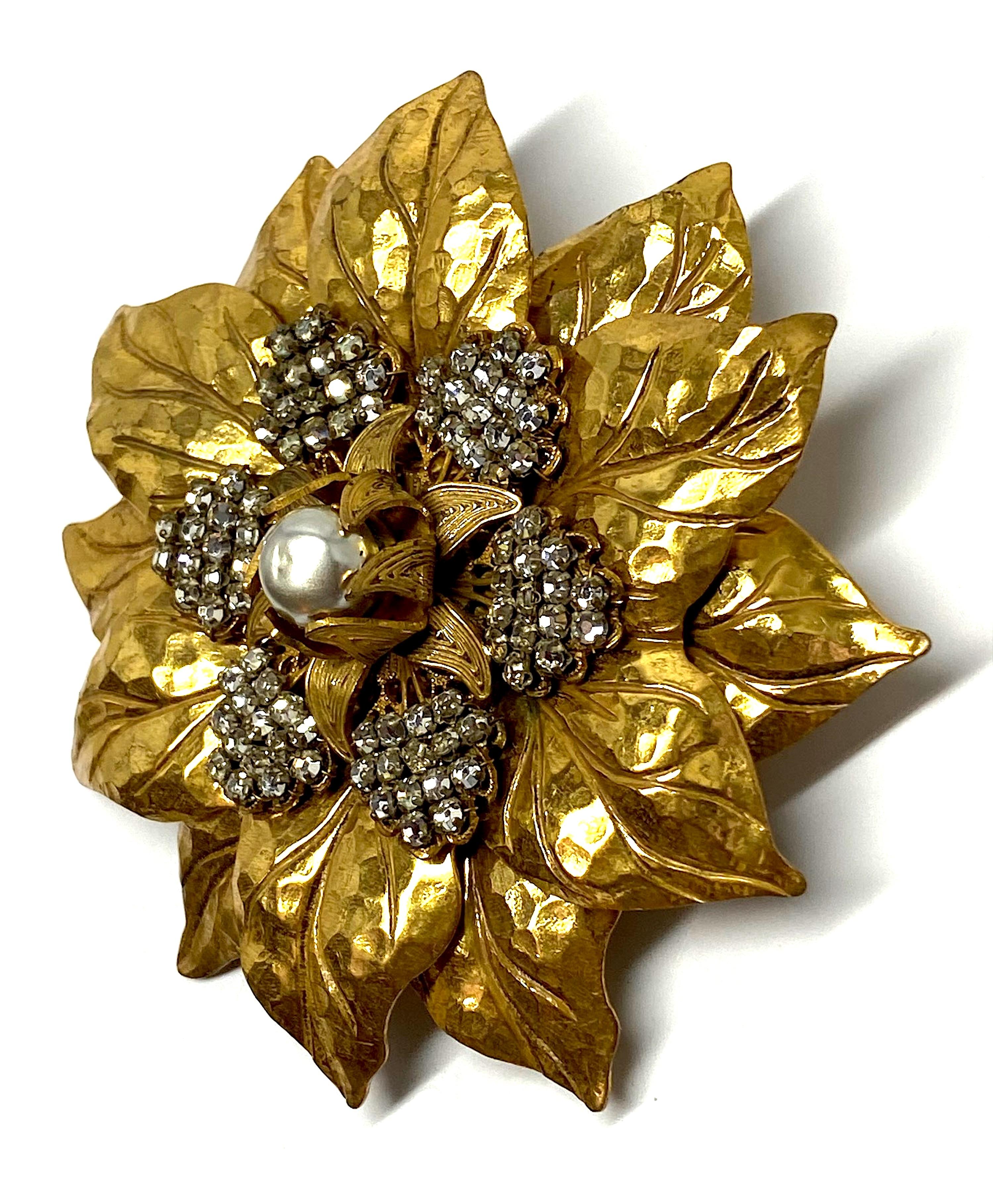 Women's or Men's Miriam Haskell 1950s Large Gold & Crystal Flower Brooch
