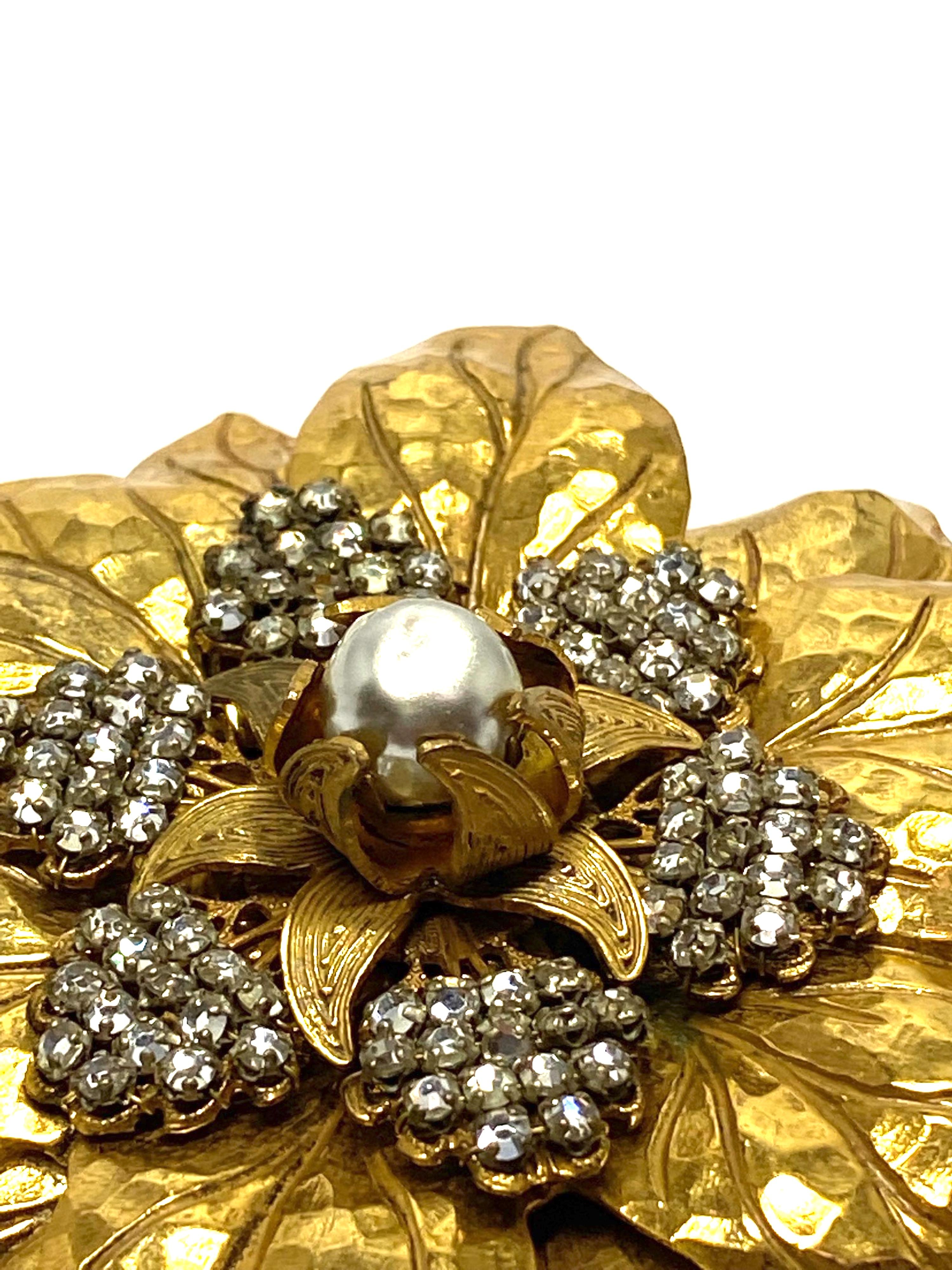 Miriam Haskell 1950s Large Gold & Crystal Flower Brooch 1