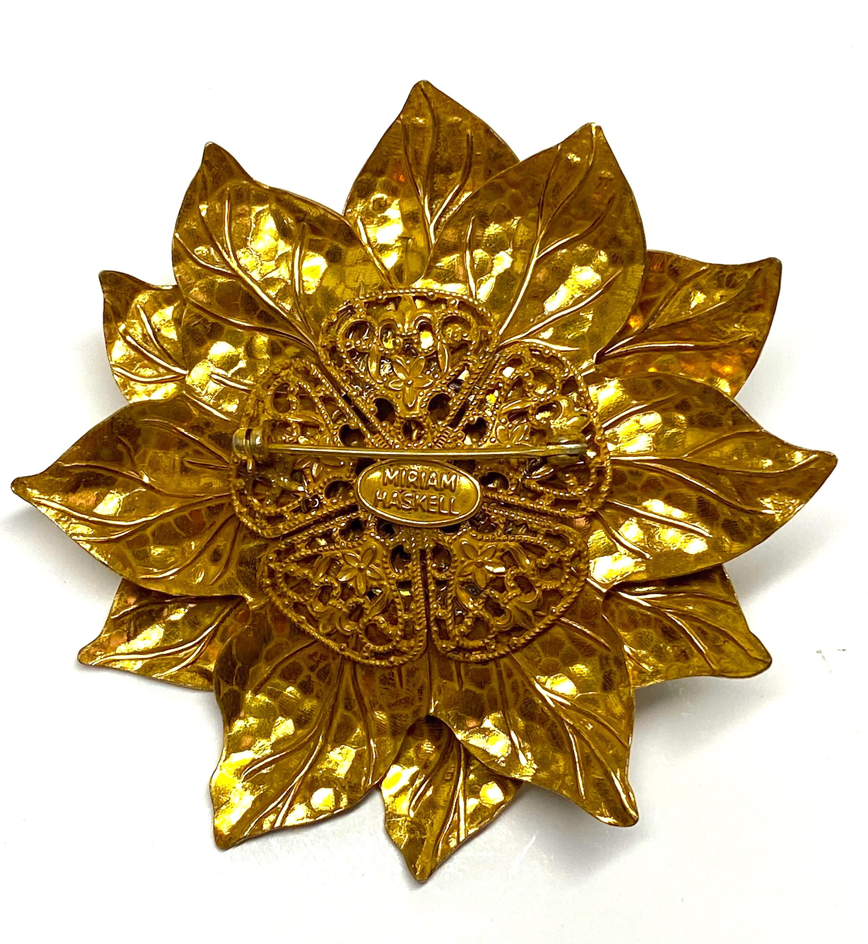 Miriam Haskell 1950s Large Gold & Crystal Flower Brooch 2