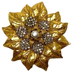 Miriam Haskell 1950s Large Gold & Crystal Flower Brooch