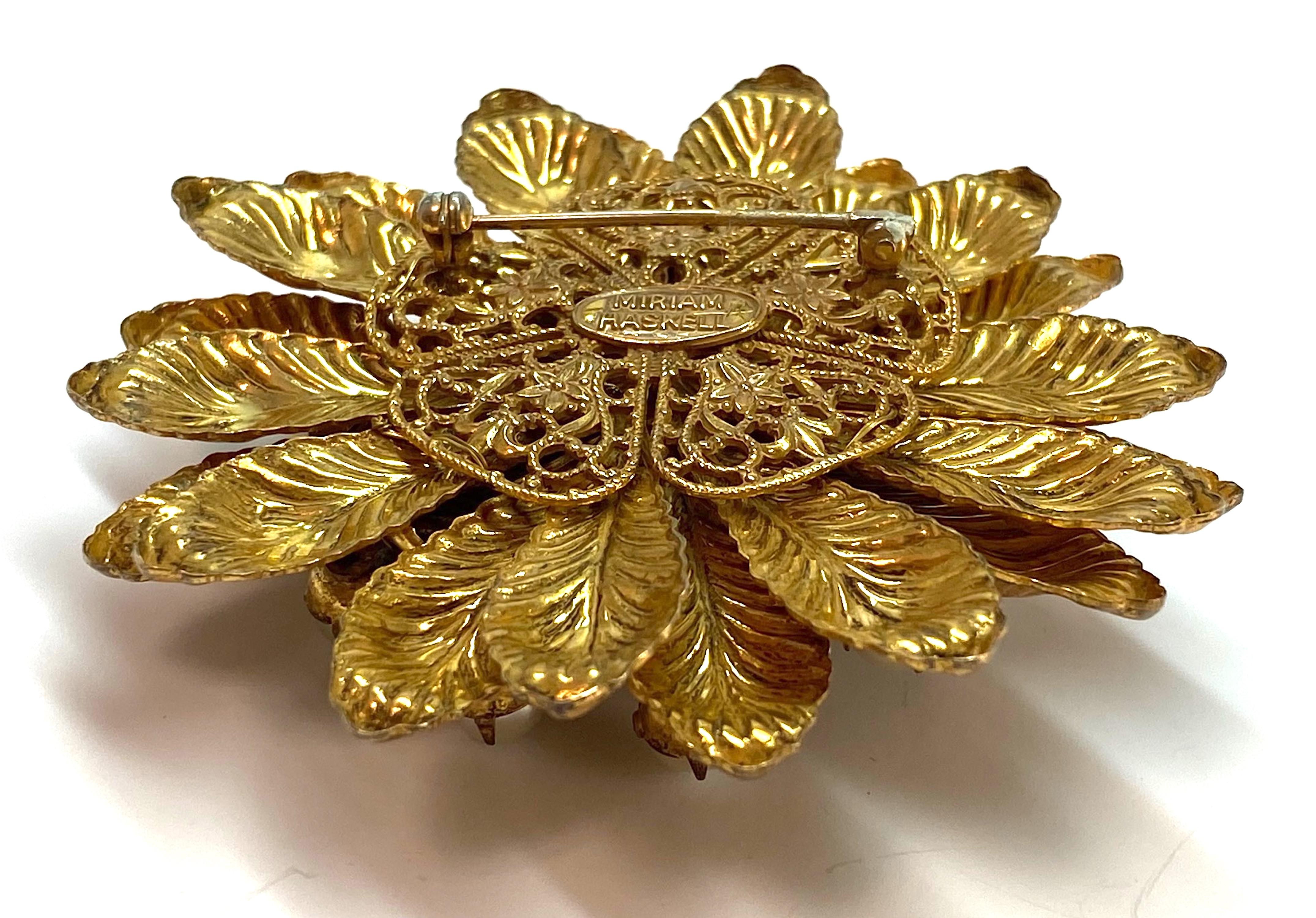 Miriam Haskell 1950s Large Gold Flower with Pearls Flower Brooch 4