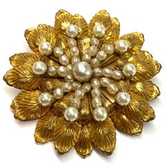 Miriam Haskell 1950s Large Gold Flower with Pearls Flower Brooch