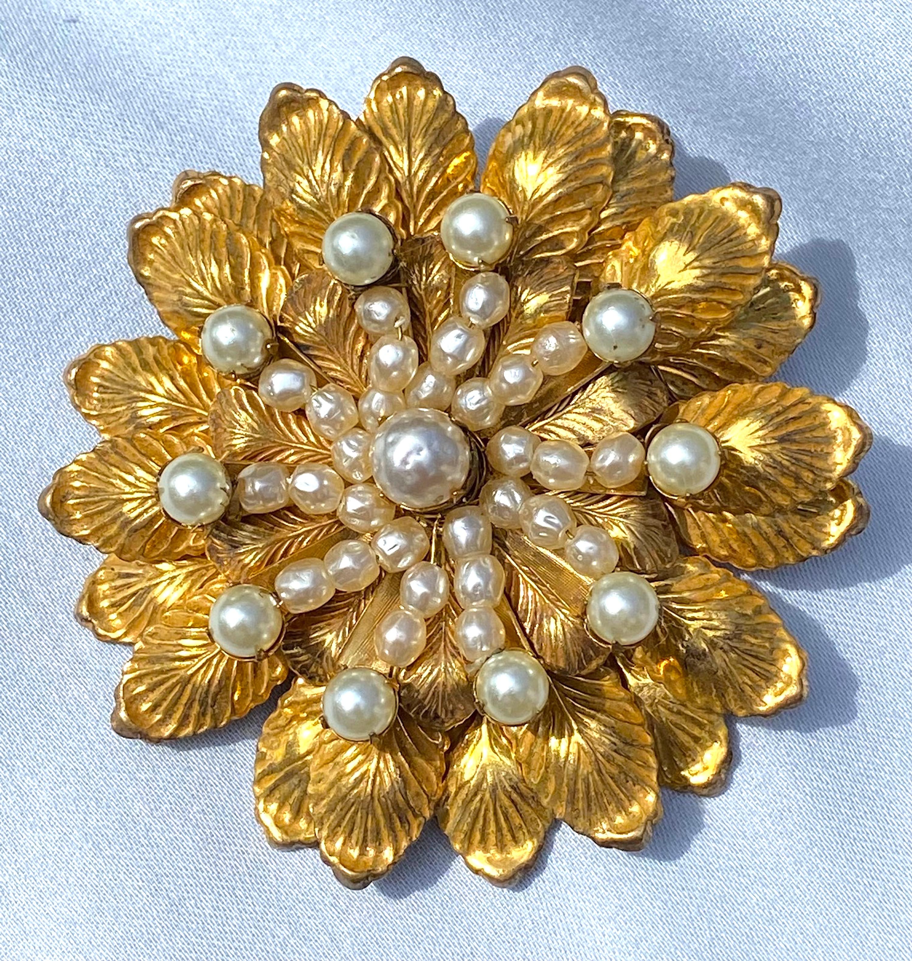 Round Cut Miriam Haskell 1950s Large Gold Flower with Pearls Flower Brooch