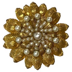 Miriam Haskell 1950s Large Gold Flower with Pearls Flower Brooch