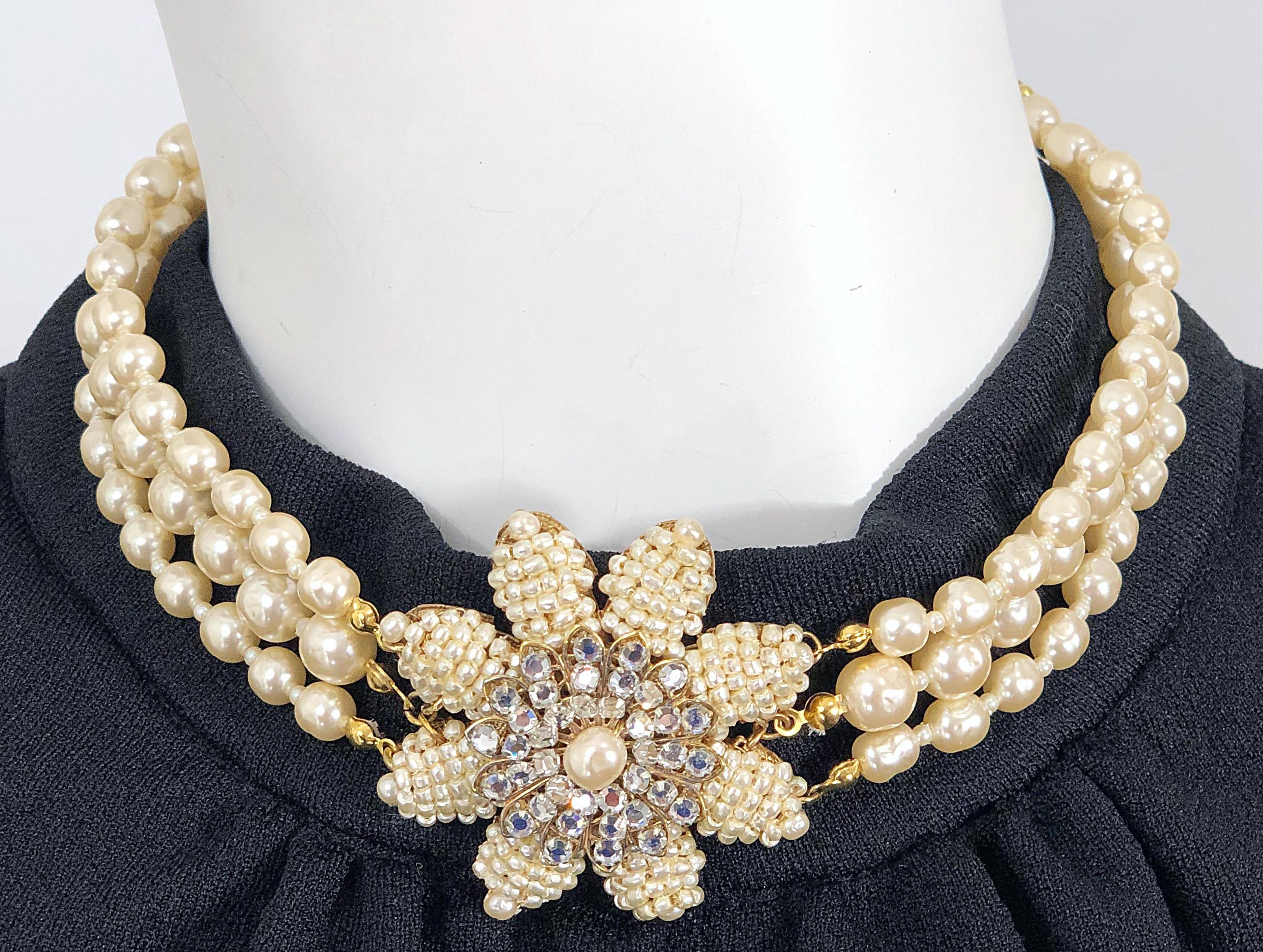 Miriam Haskell 1950s Triple Strand Freshwater Pearl Rhinestone Choker Necklace For Sale 3