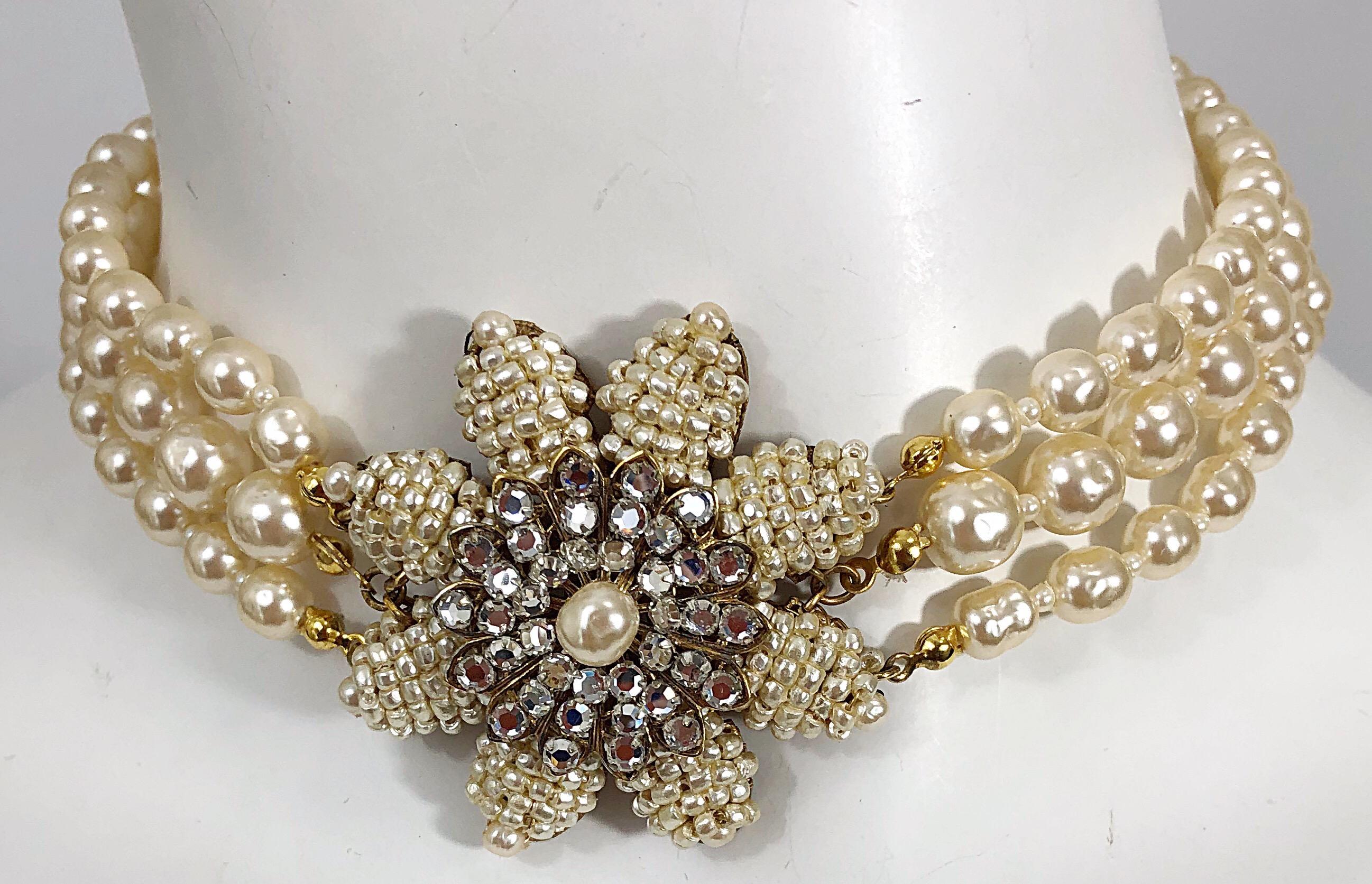 Miriam Haskell 1950s Triple Strand Freshwater Pearl Rhinestone Choker Necklace For Sale 4