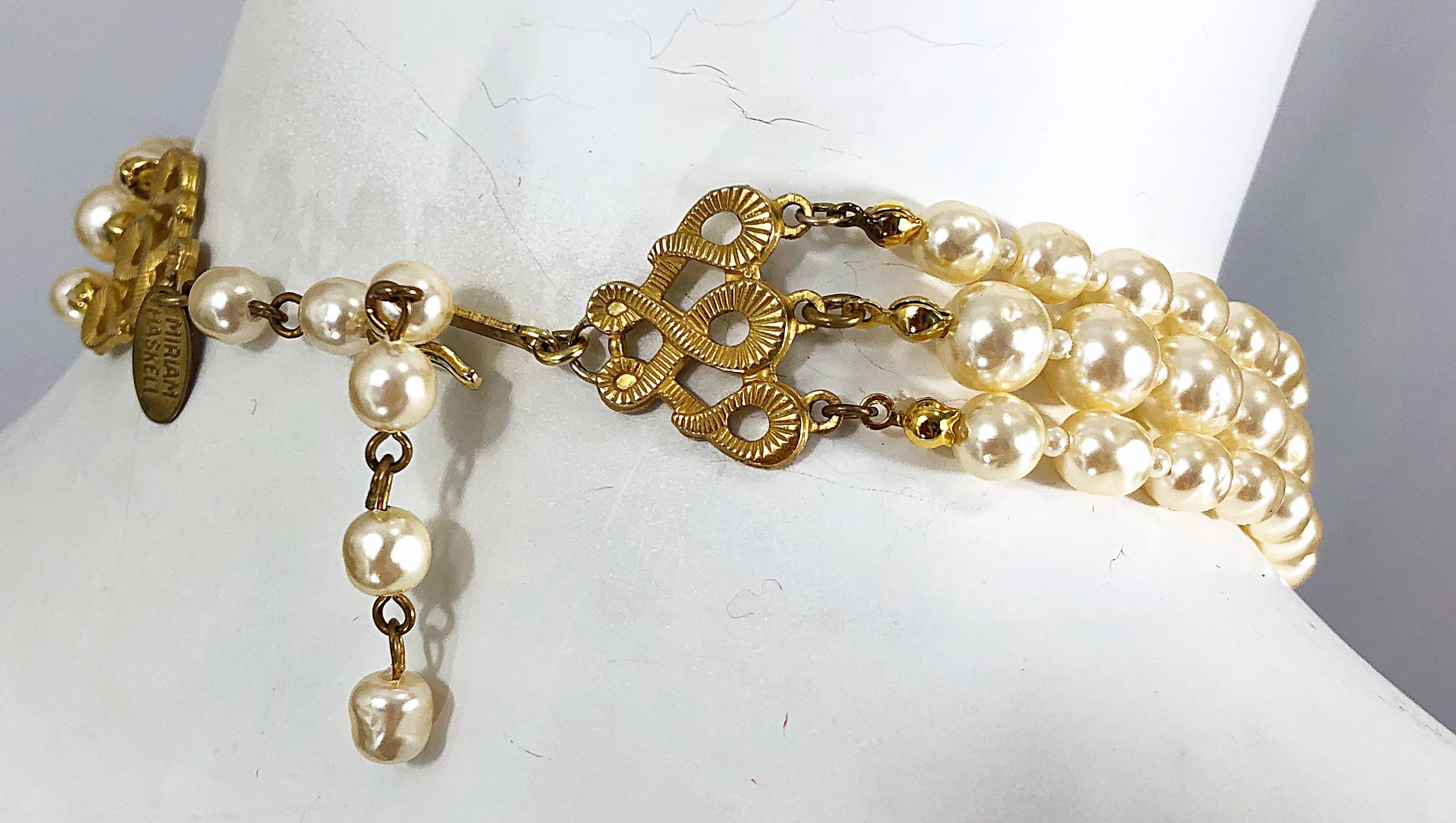 Miriam Haskell 1950s Triple Strand Freshwater Pearl Rhinestone Choker Necklace For Sale 5