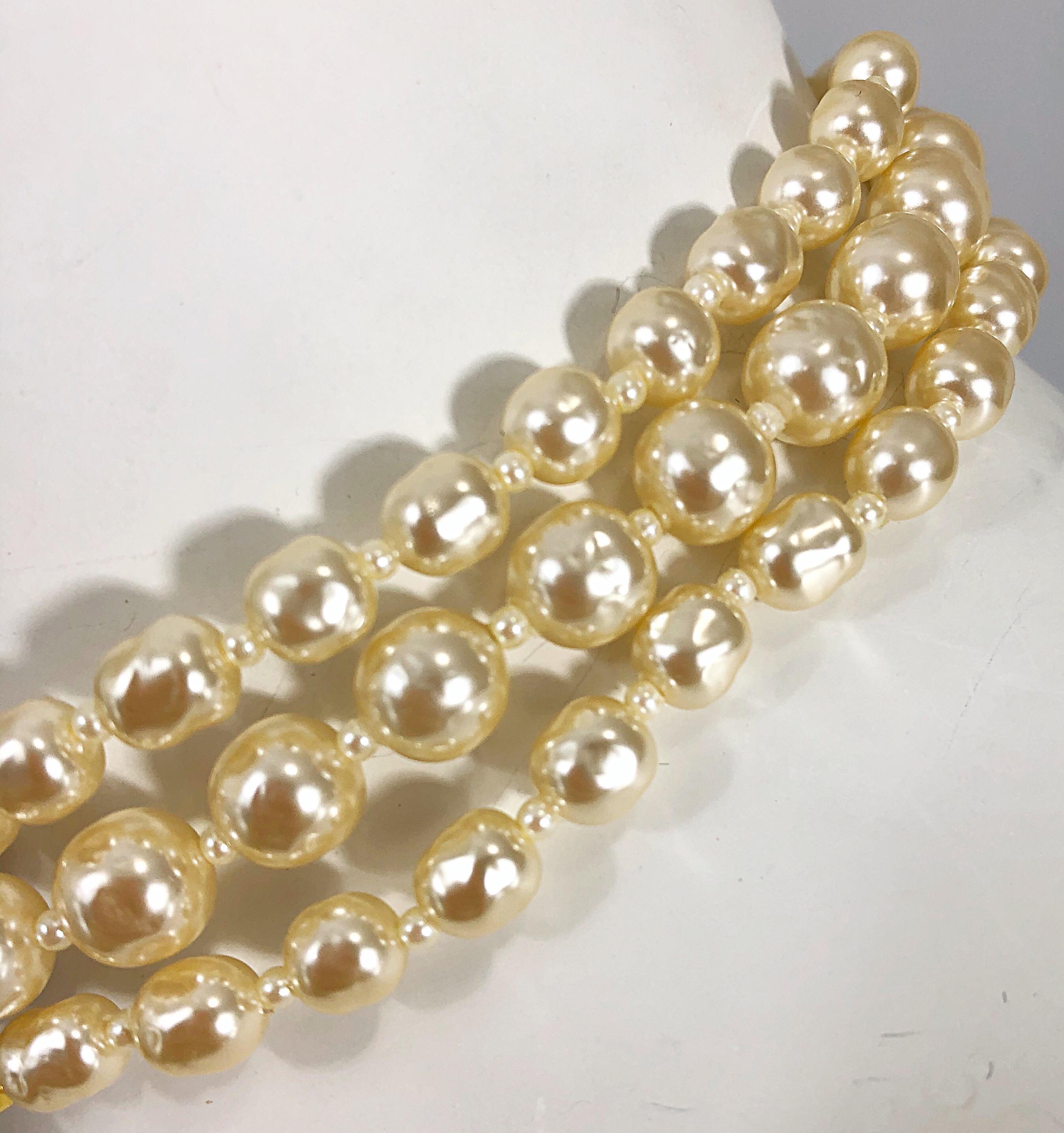 Miriam Haskell 1950s Triple Strand Freshwater Pearl Rhinestone Choker Necklace For Sale 6