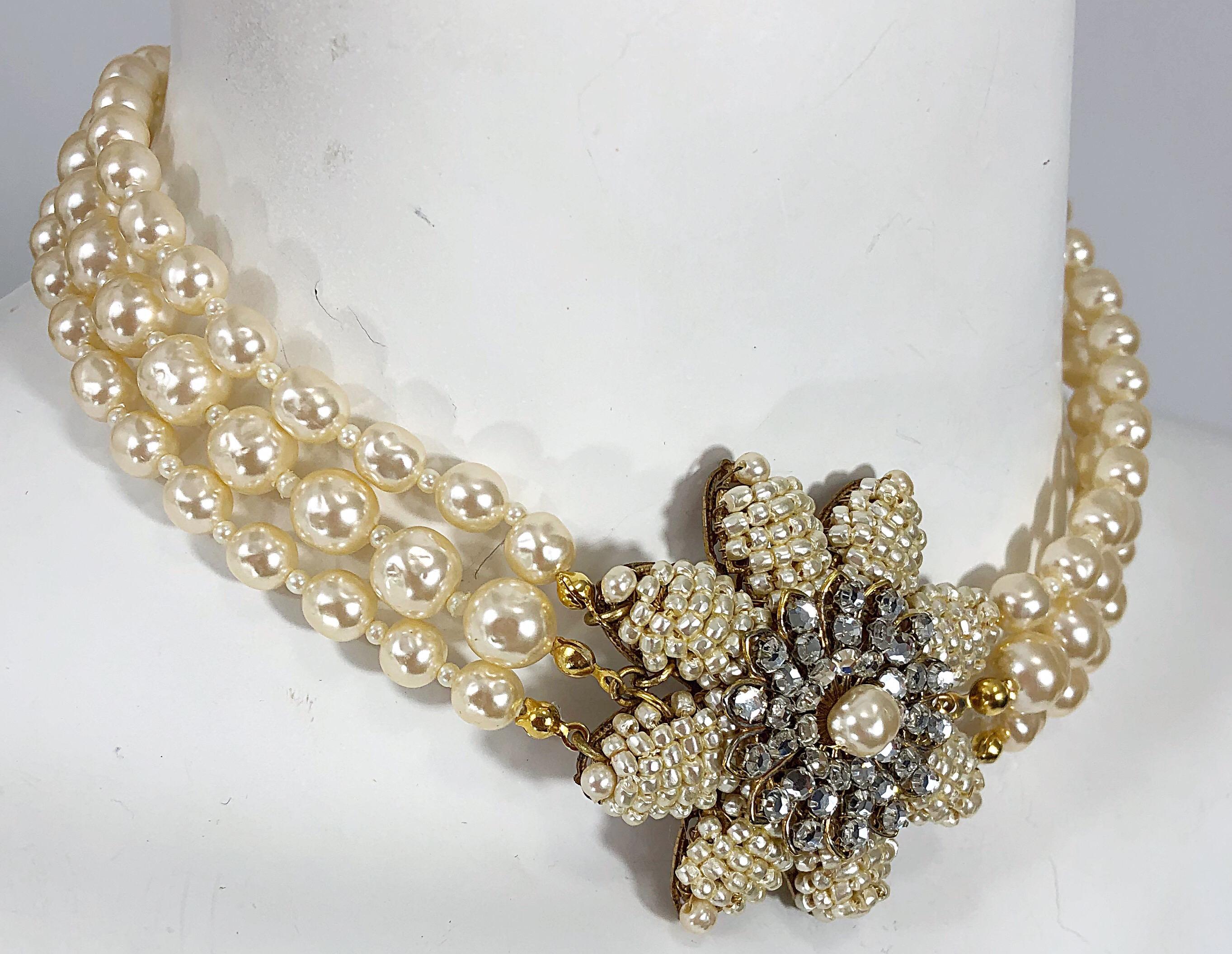 Miriam Haskell 1950s Triple Strand Freshwater Pearl Rhinestone Choker Necklace For Sale 10