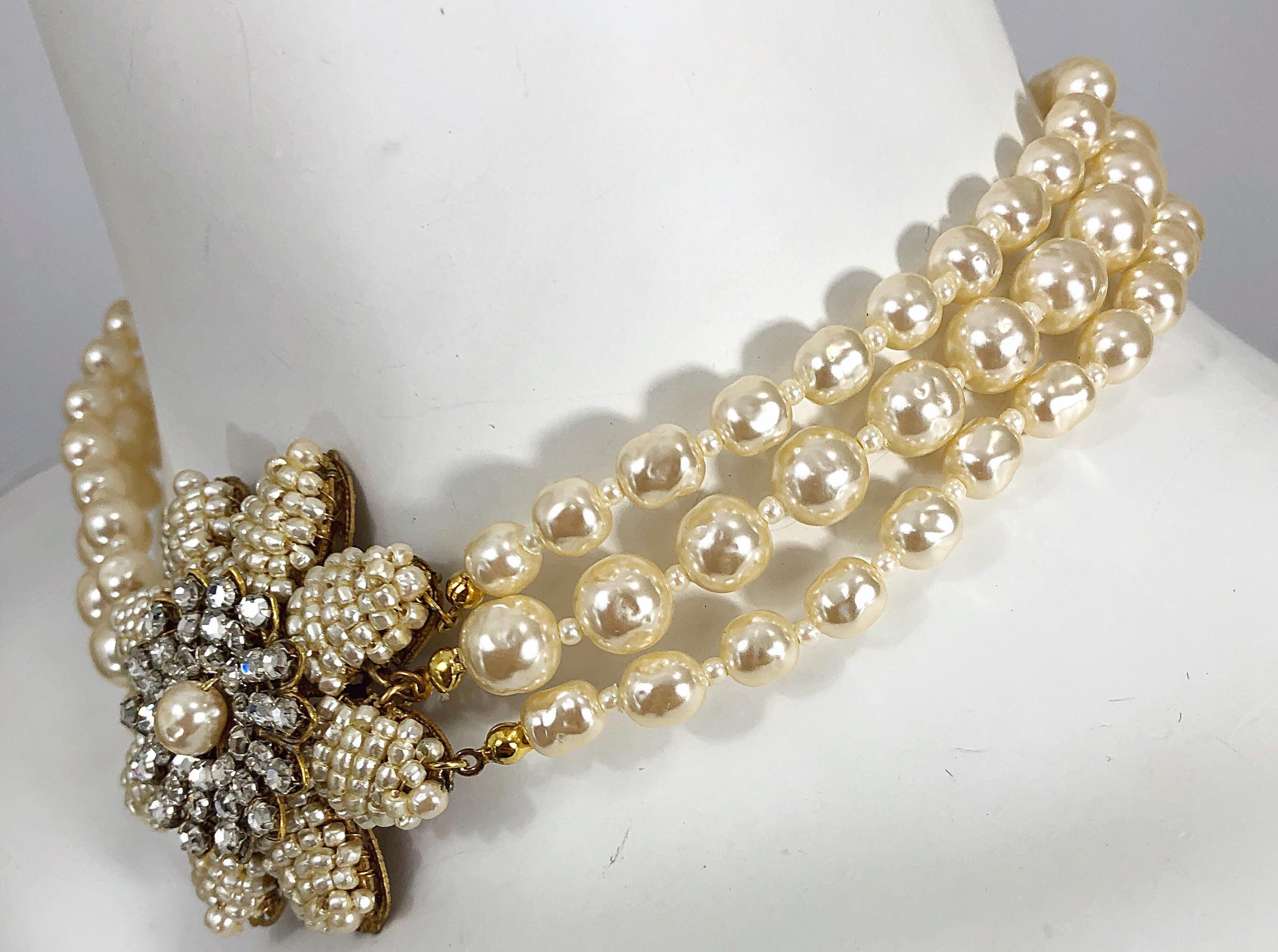 Miriam Haskell 1950s Triple Strand Freshwater Pearl Rhinestone Choker Necklace For Sale 11