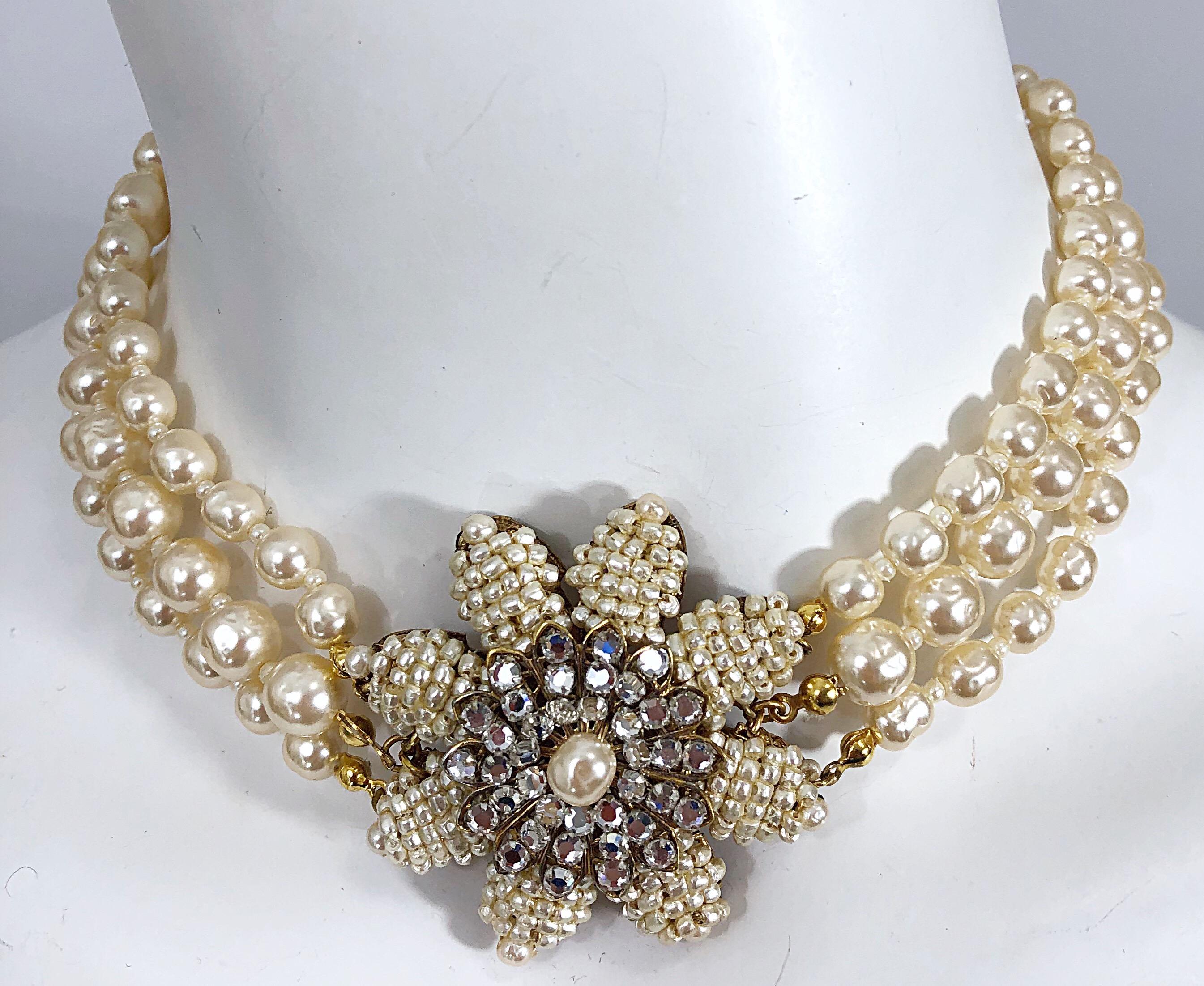 Miriam Haskell 1950s Triple Strand Freshwater Pearl Rhinestone Choker Necklace For Sale 12