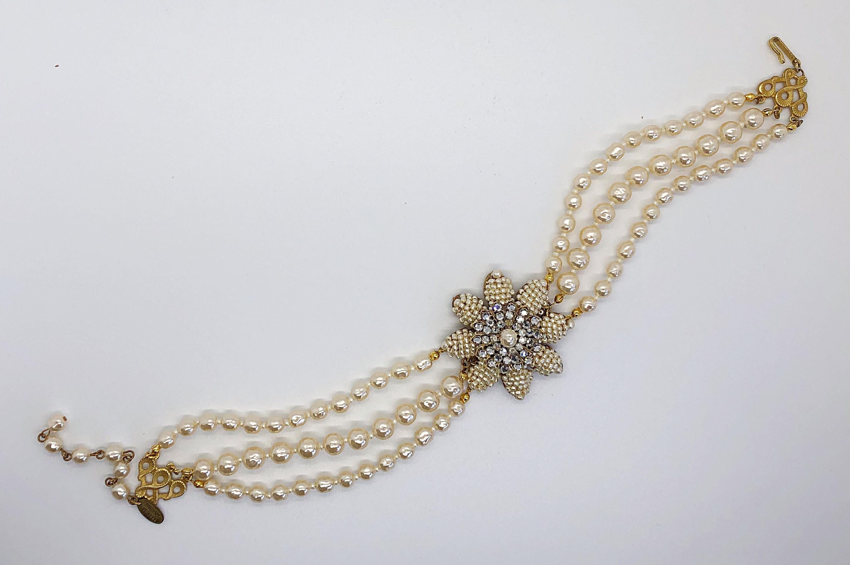 Miriam Haskell 1950s Triple Strand Freshwater Pearl Rhinestone Choker Necklace In Excellent Condition For Sale In San Diego, CA