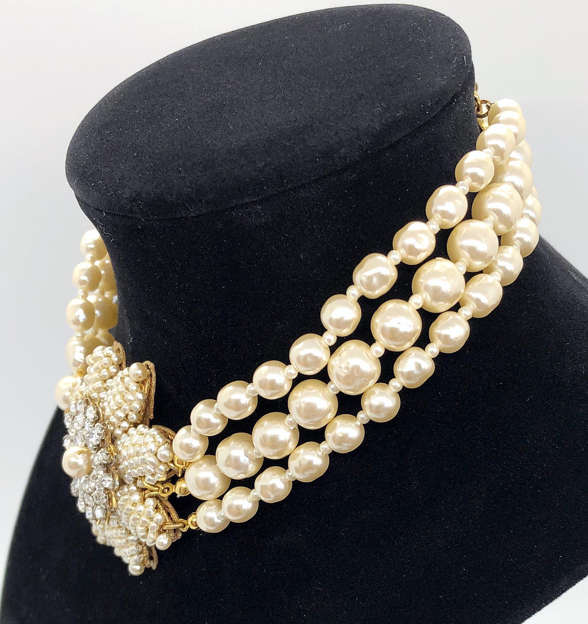 Women's Miriam Haskell 1950s Triple Strand Freshwater Pearl Rhinestone Choker Necklace For Sale