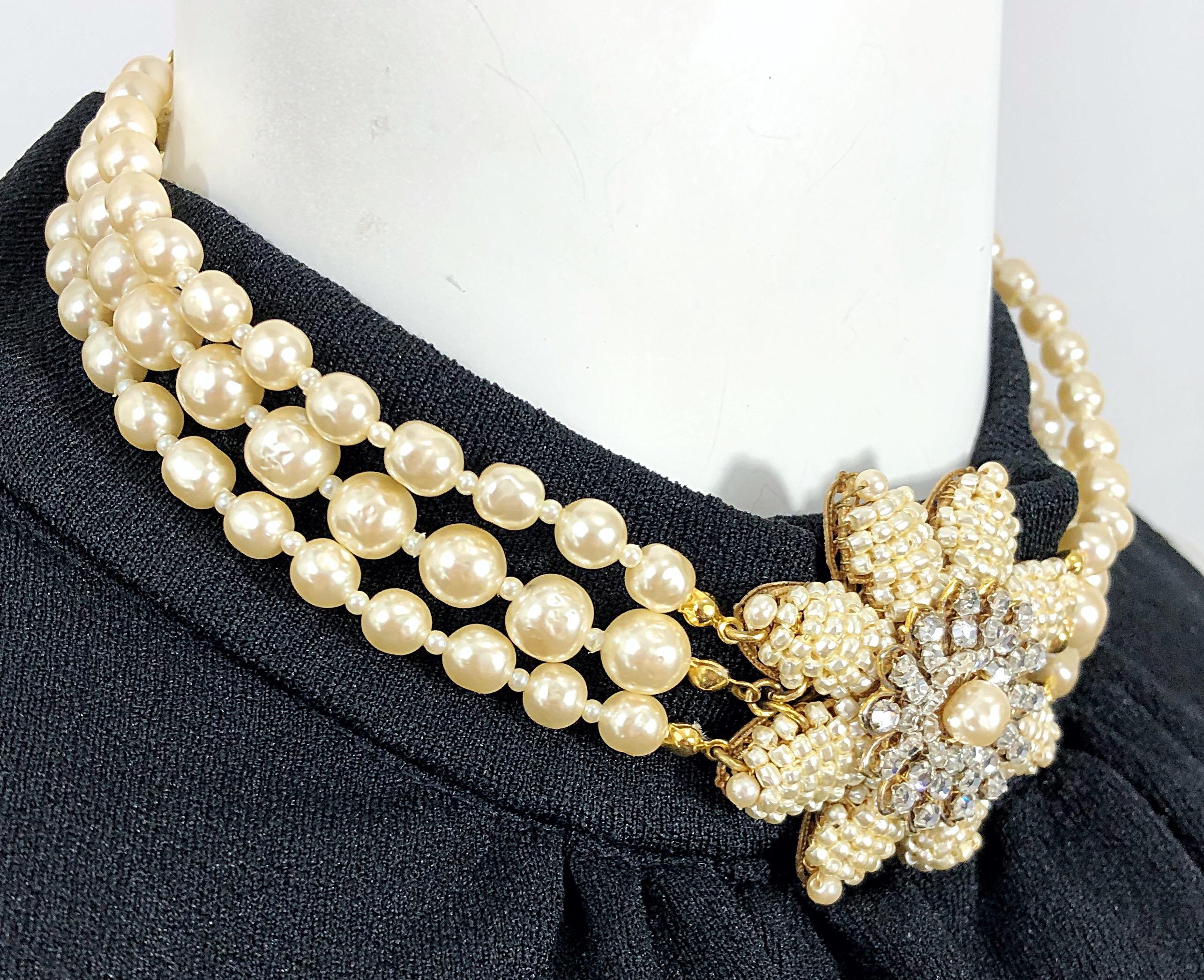 Miriam Haskell 1950s Triple Strand Freshwater Pearl Rhinestone Choker Necklace For Sale 1