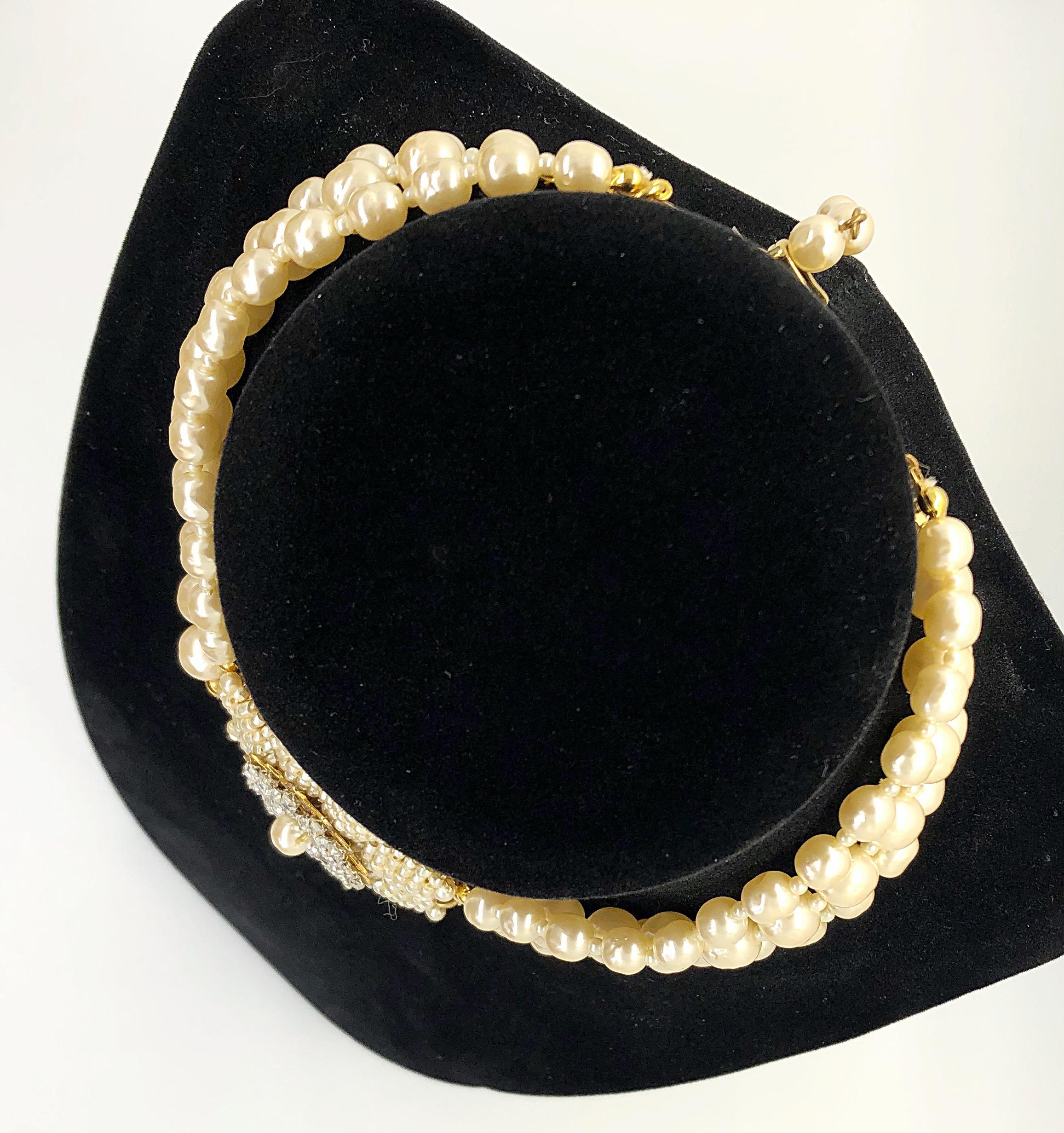Miriam Haskell 1950s Triple Strand Freshwater Pearl Rhinestone Choker Necklace For Sale 2