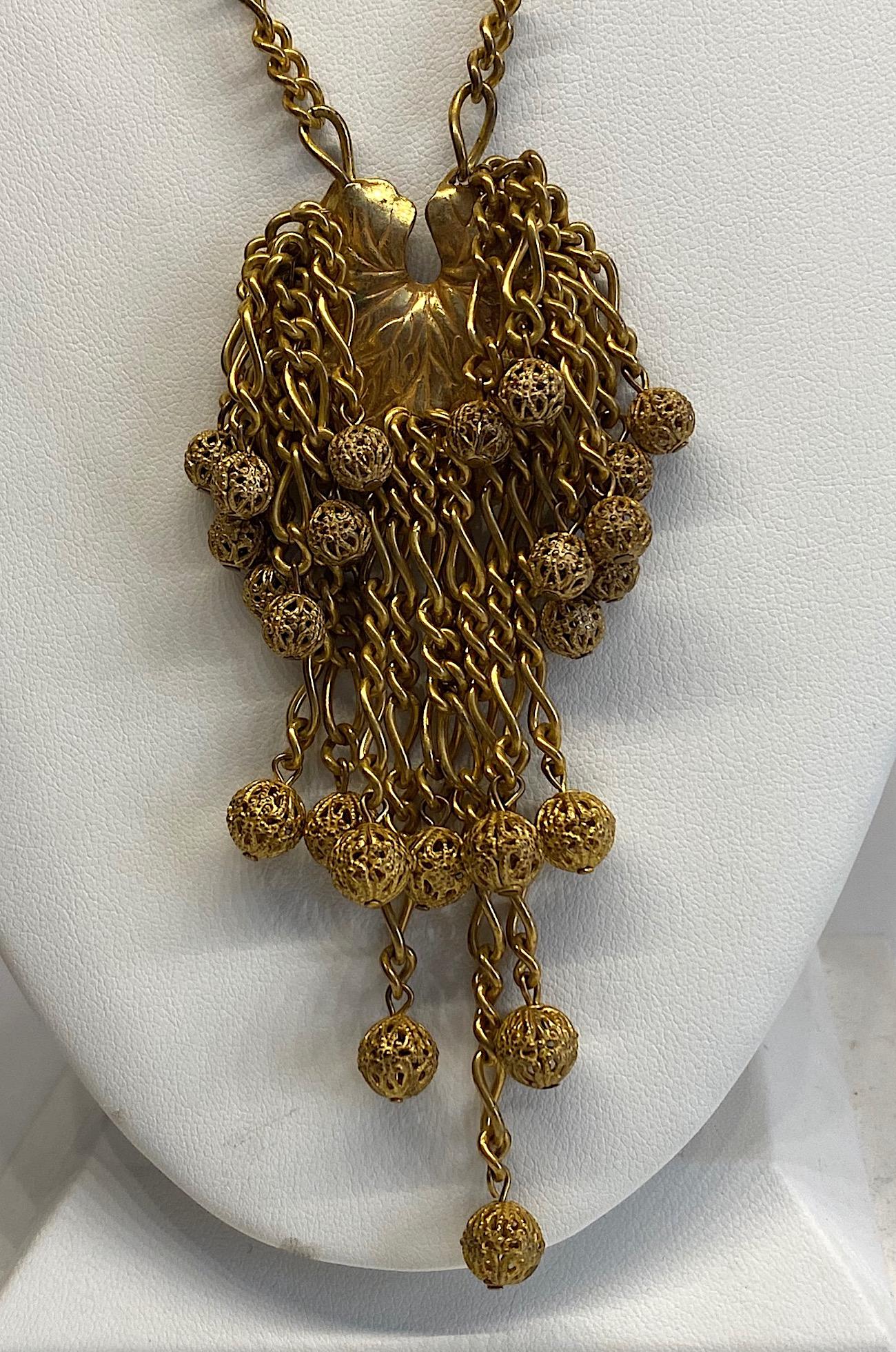 Miriam Haskell 1960s Lilly Pad Fringe Long Pendant Necklace 11