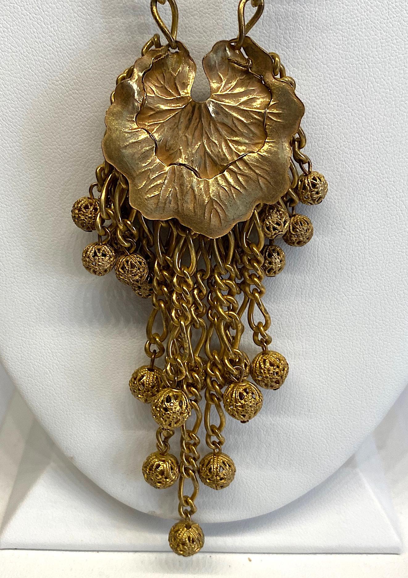 Miriam Haskell 1960s Lilly Pad Fringe Long Pendant Necklace 15