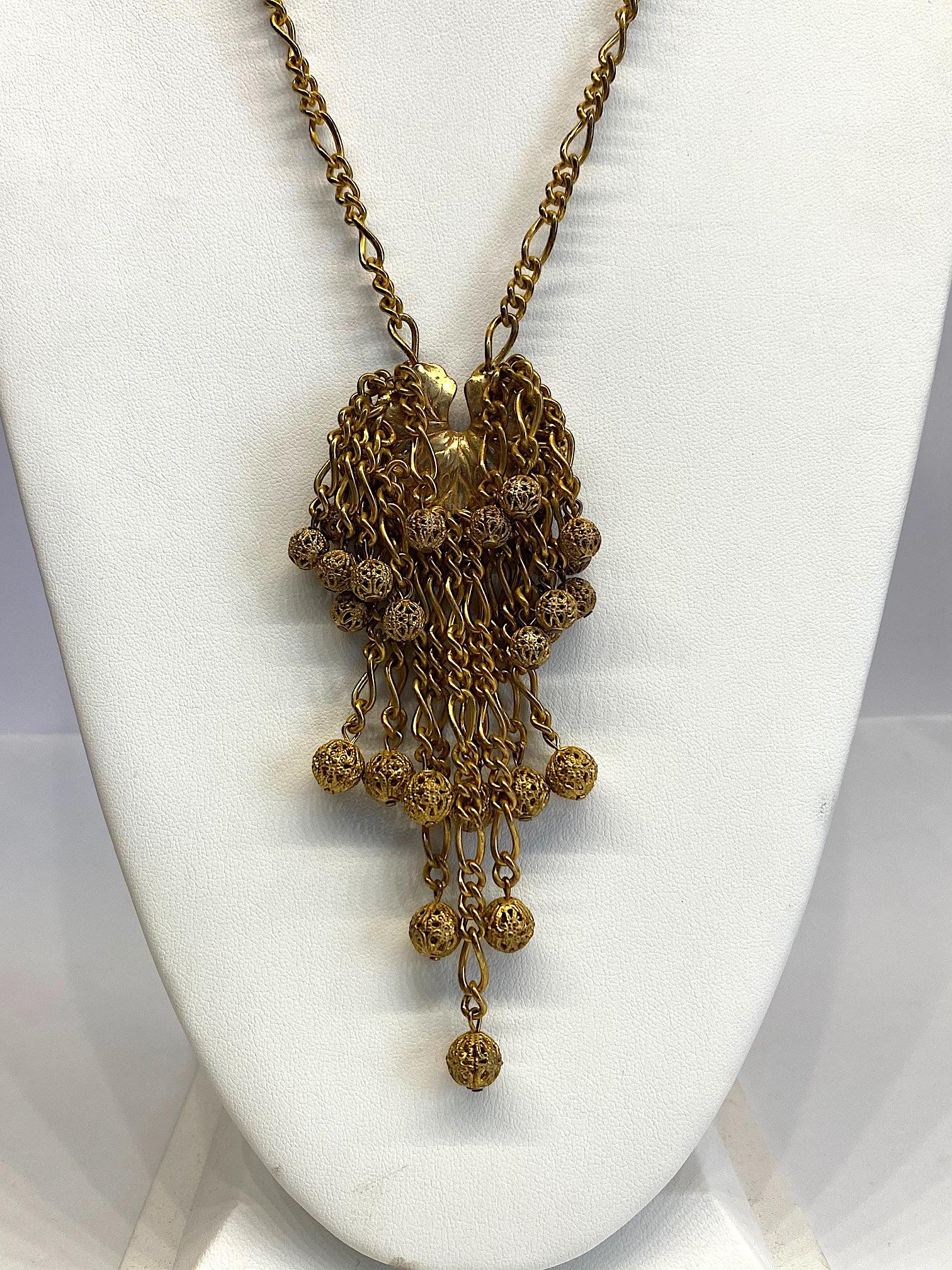Miriam Haskell 1960s Lilly Pad Fringe Long Pendant Necklace 1