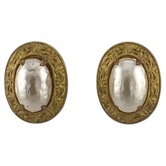 Miriam Haskell 1960s Russian Gold Pearl Cabochon Clip-On Earrings