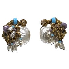 Miriam Haskell Pendientes colgantes de filigrana de perlas en oro ruso de los años 70