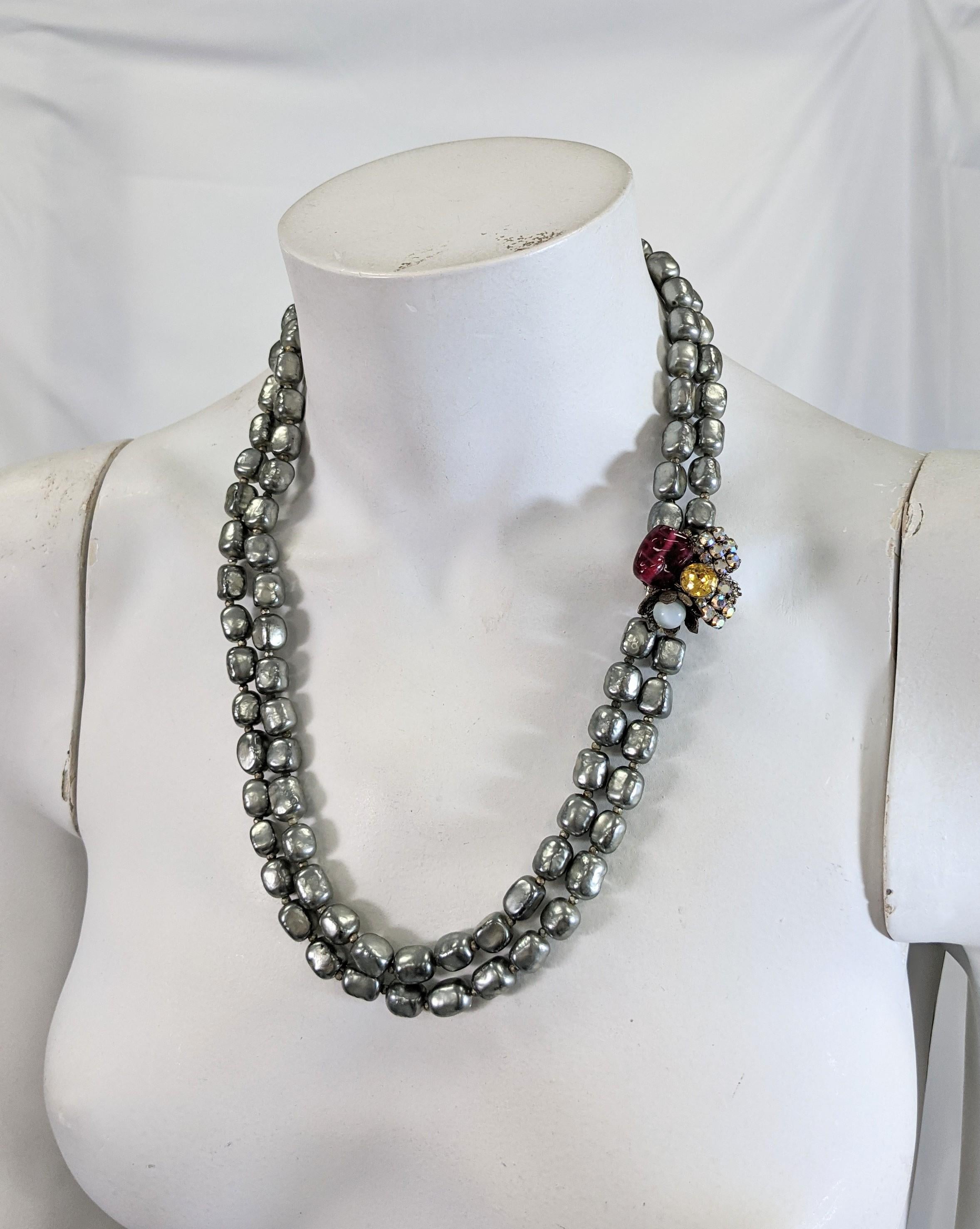 Miriam Haskell 2 Strand Grey Baroque Pearls In Excellent Condition For Sale In New York, NY