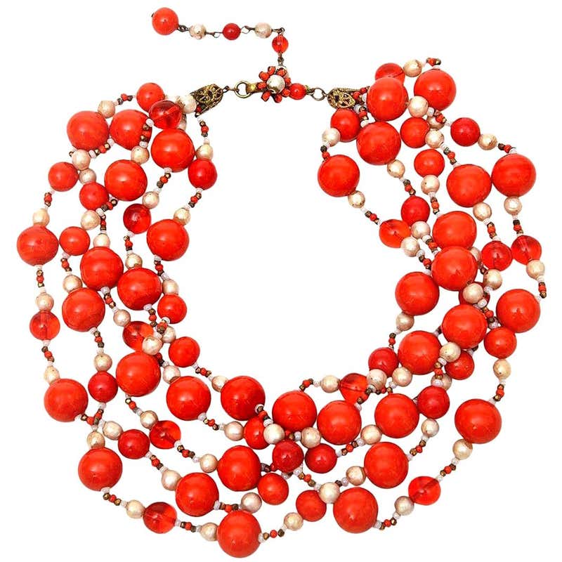 Miriam Haskell 5 Strand Faux Pearl and Orange Red Glass Necklace ...