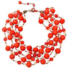 Miriam Haskell 5 Strand Faux Pearl & Orange Red Glass Necklace Vintage