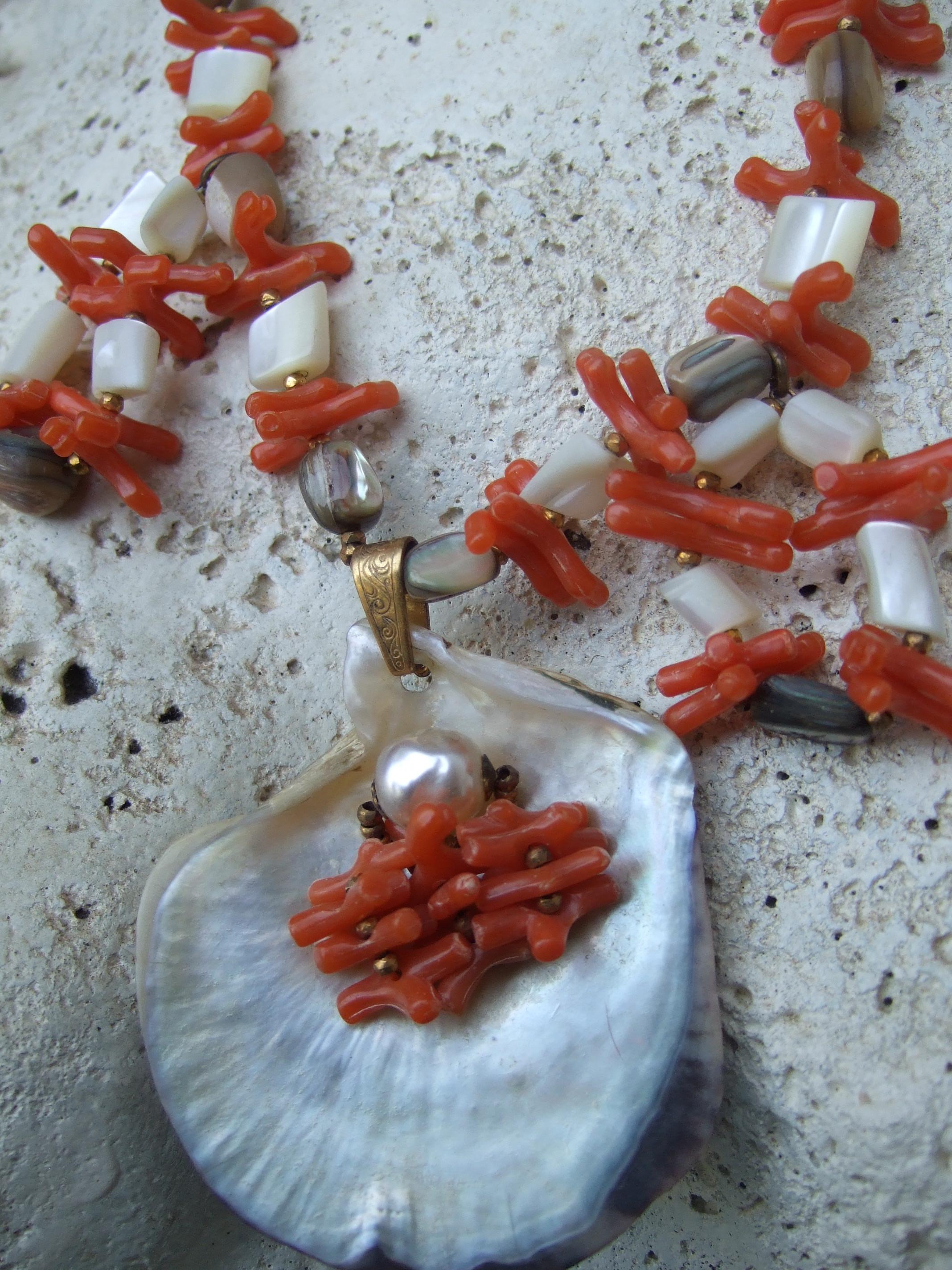 Women's Miriam Haskell Abalone Seashell Resin Coral Branch Choker Necklace c 1960s For Sale