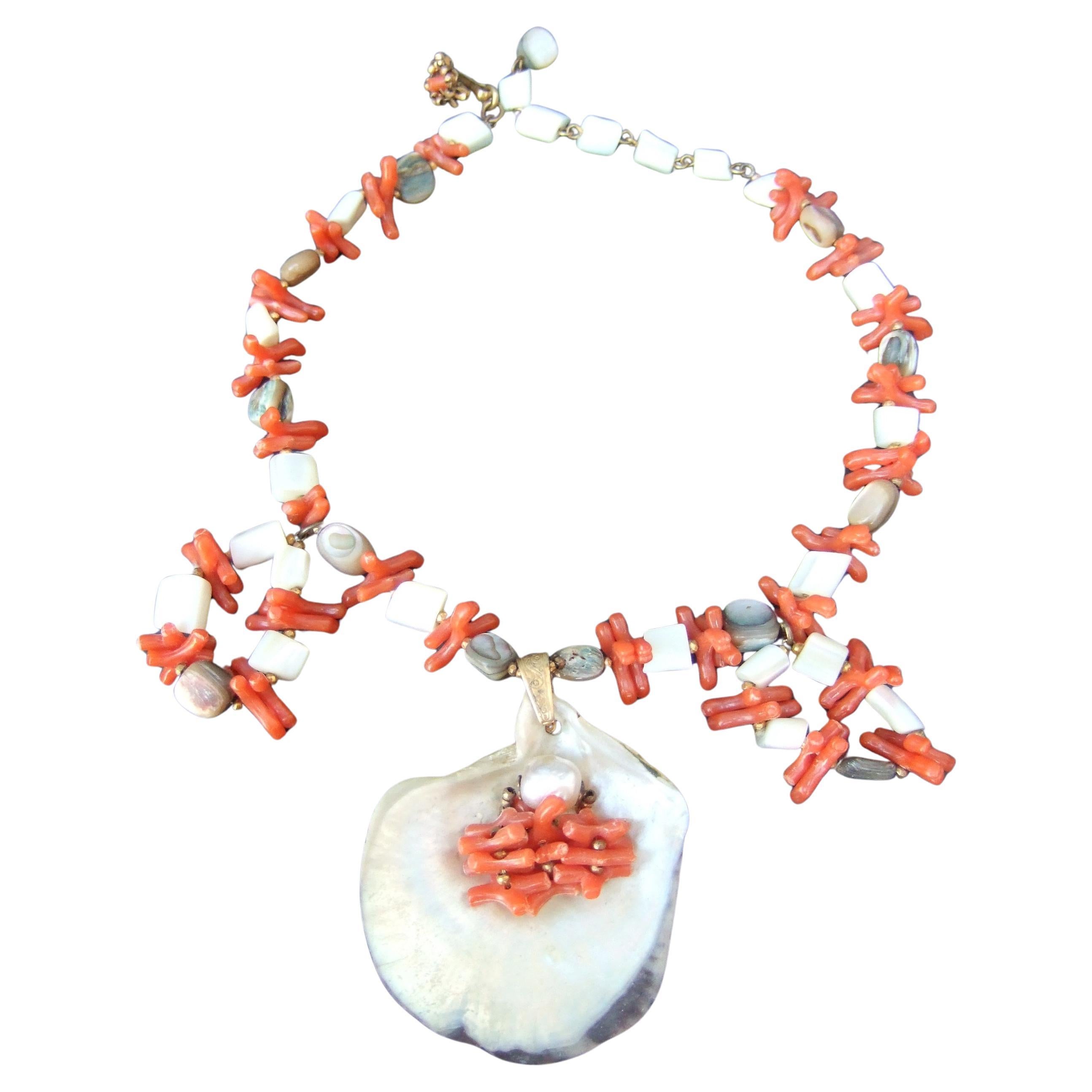 Miriam Haskell Abalone Seashell Resin Coral Branch Choker Necklace c 1960s For Sale