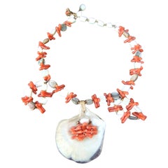 Miriam Haskell Collar gargantilla de abalón concha marina resina coral rama c 1960s
