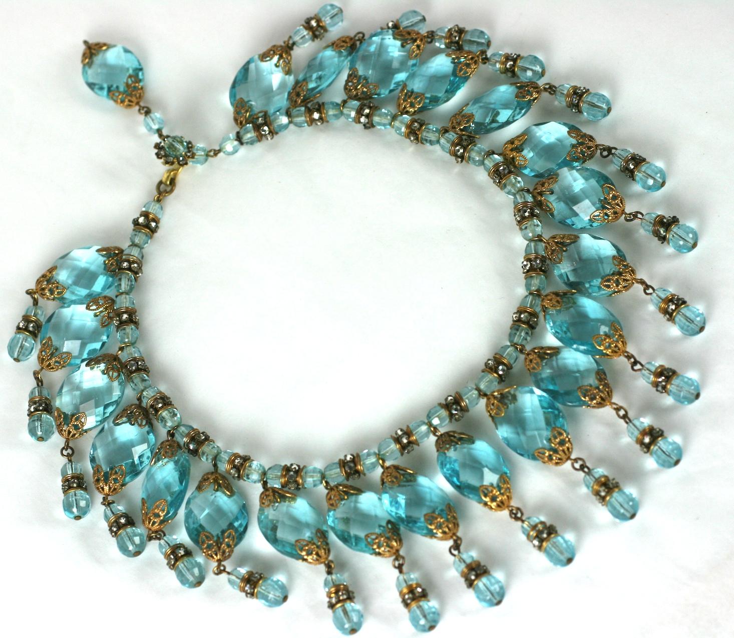 Miriam Haskell Aquamarine Crystal and Diamonte Drop Bib In Excellent Condition For Sale In New York, NY