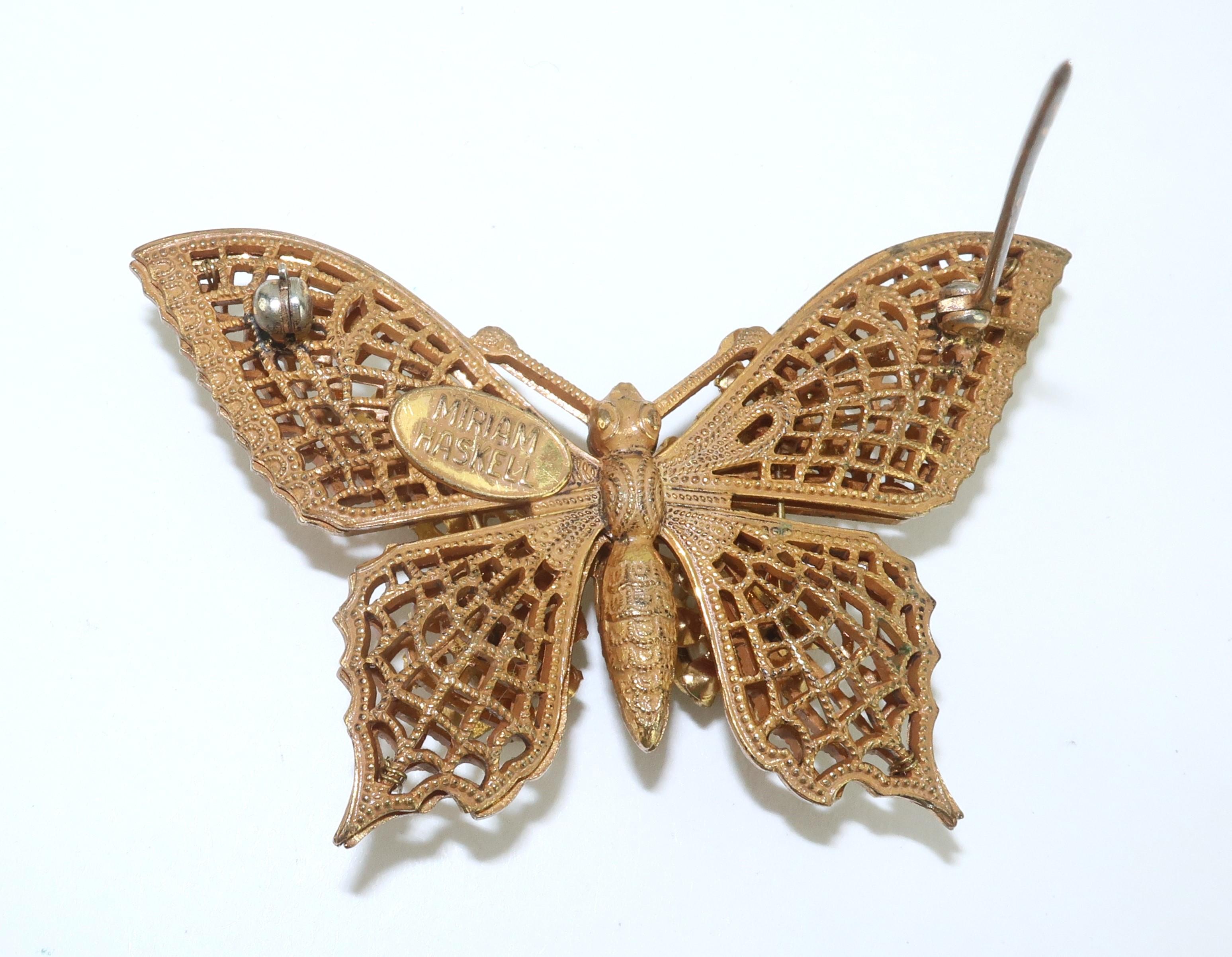 Miriam Haskell Baroque Gilt Metal & Rhinestone Butterfly Brooch, 1950's 3