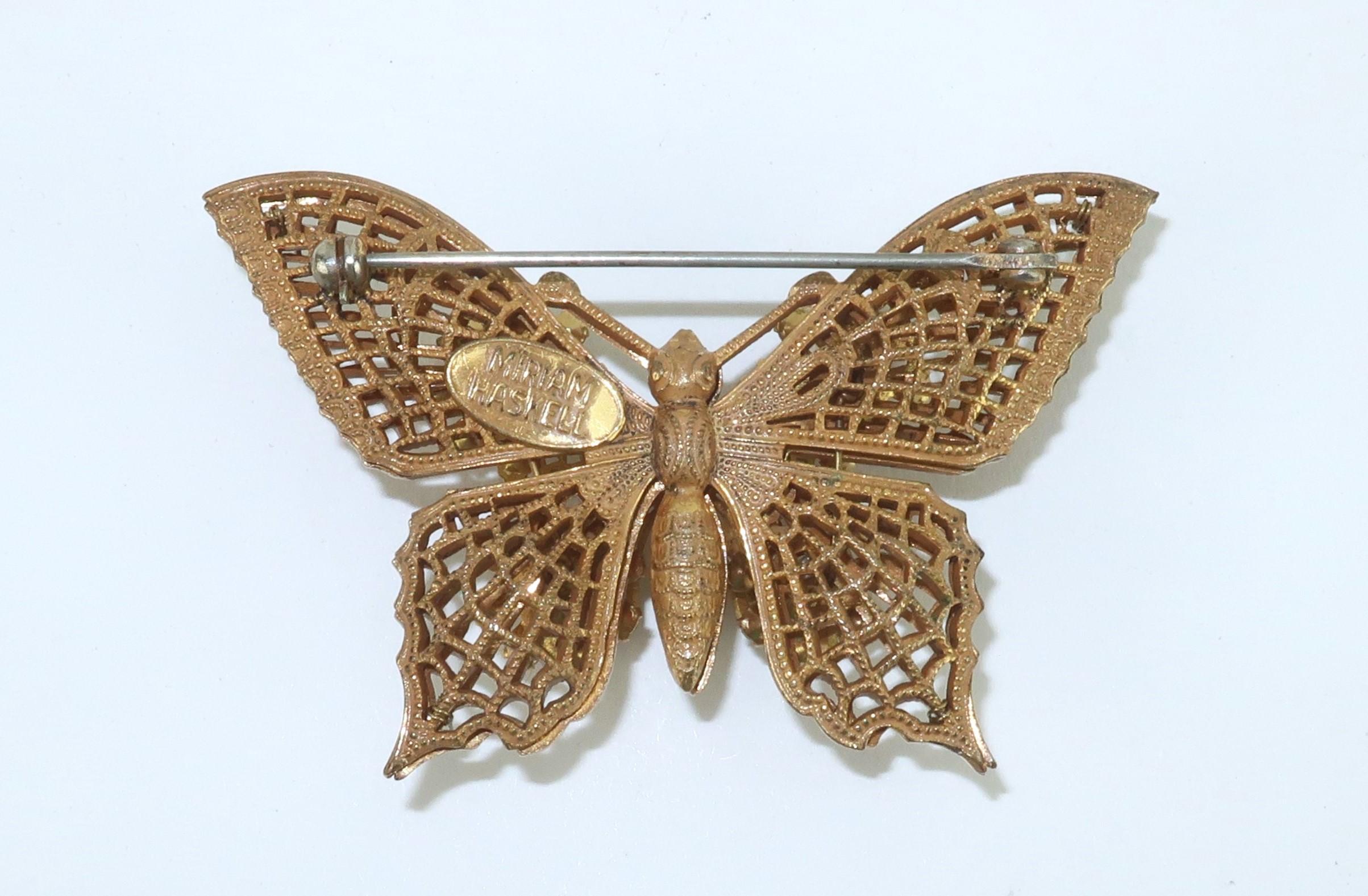 Miriam Haskell Baroque Gilt Metal & Rhinestone Butterfly Brooch, 1950's 1