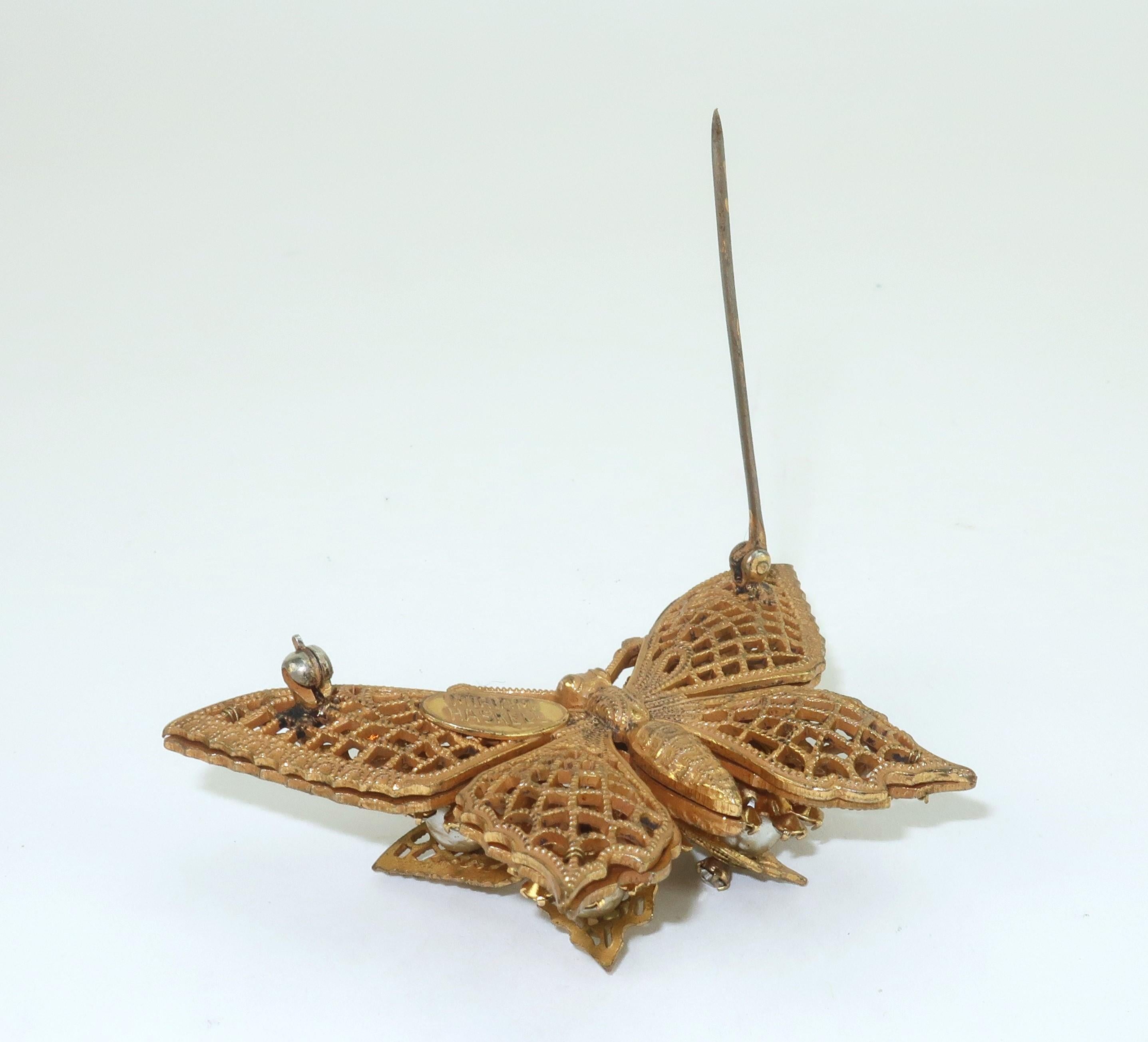 Miriam Haskell Baroque Gilt Metal & Rhinestone Butterfly Brooch, 1950's 2