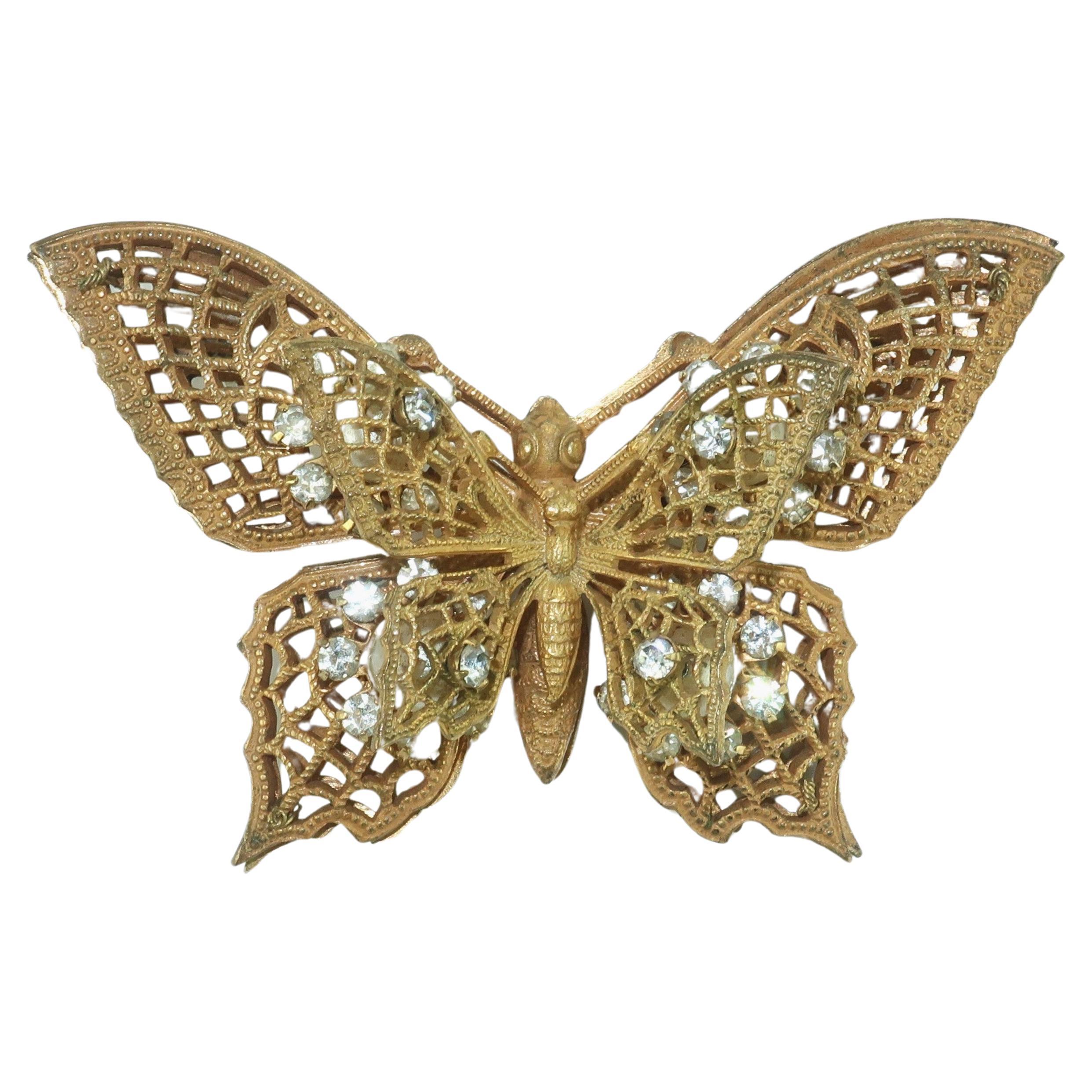 Miriam Haskell Baroque Gilt Metal & Rhinestone Butterfly Brooch, 1950's