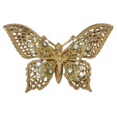 Miriam Haskell Baroque Gilt Metal & Rhinestone Butterfly Brooch, 1950's